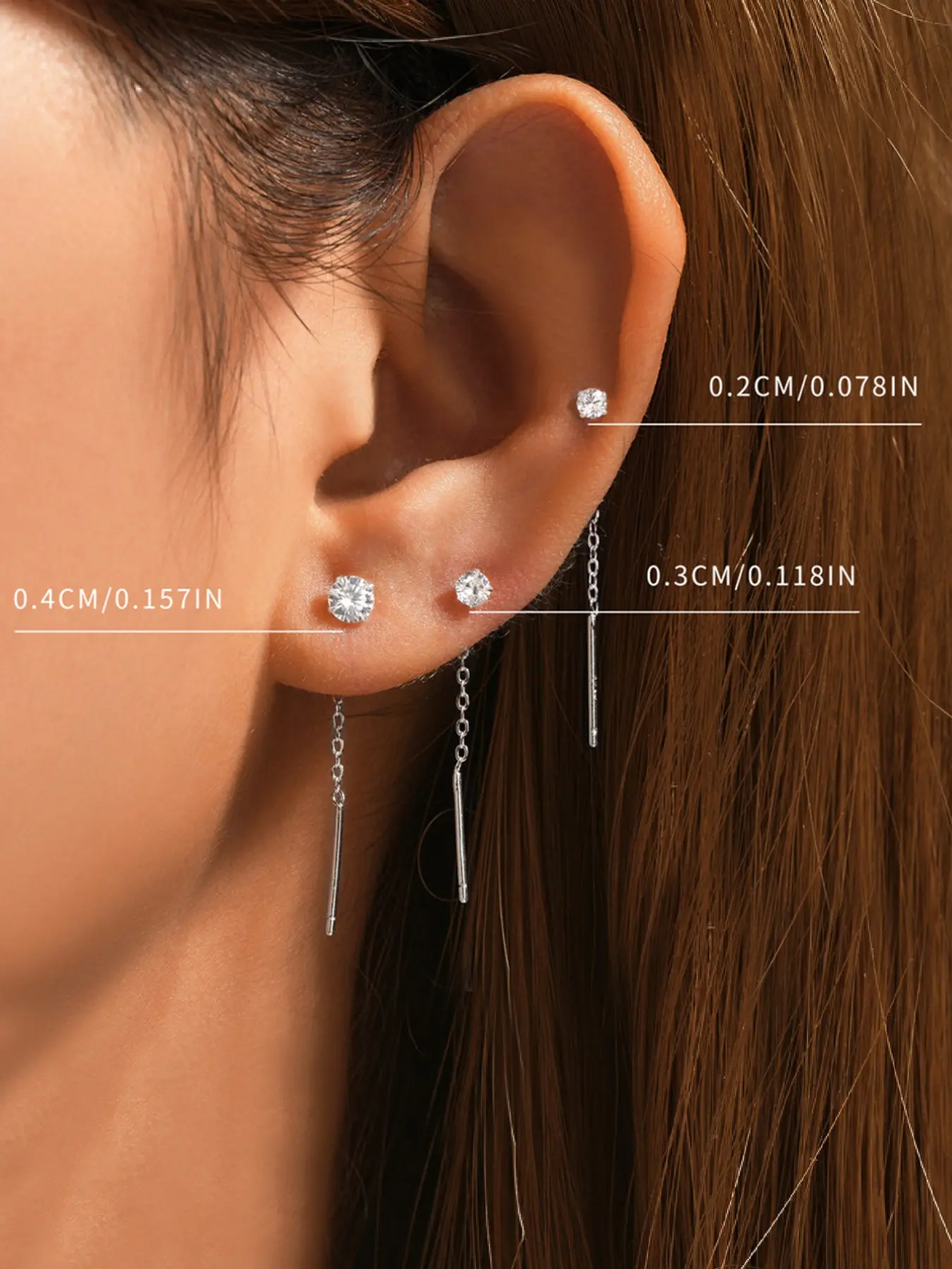 3Pcs 925 Sterling Silver Classic Four-Prong Setting Cubic Zirconia Chain Tassel Stud Earring Hypoallergenic Cartilage Helix Tragus Lobe Piercing Jewelry Suitable For Women For Daily, Dates, Vacation, Wedding, Party, Holiday Gift