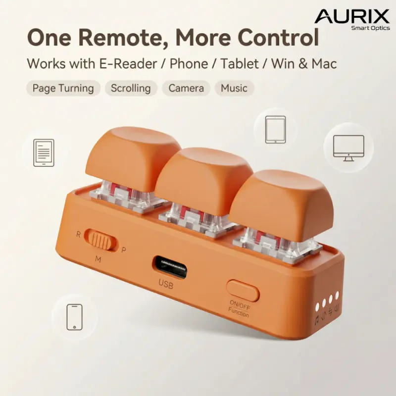 Free3 Wireless Bluetooth Remote Control, 3-Key Page Turner for Kindle, Phone, Tablet & Win/Mac, Remote Scrolling, Camera, Music Control, Bluetooth 5.4, Hot-Swappable RGB Backlit