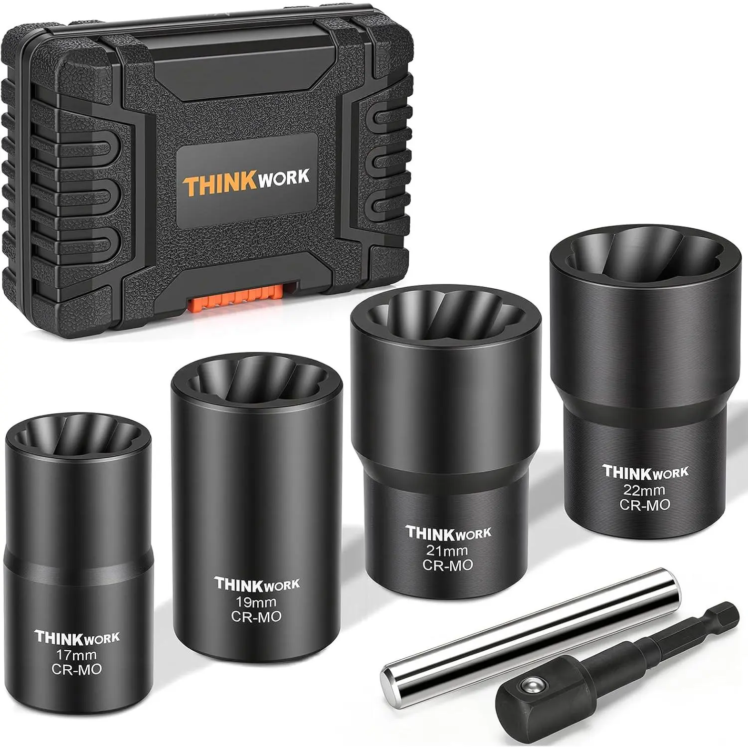 Lug Nut Removal Tool, 1/2" Drive Wheel Lock Removal Kit| for Damaged, Rusted, Rounded-Off, Stripped, 17-22mm, Cr-Mo, Reverse Spiral Flute, Black Oxide Coating, Case