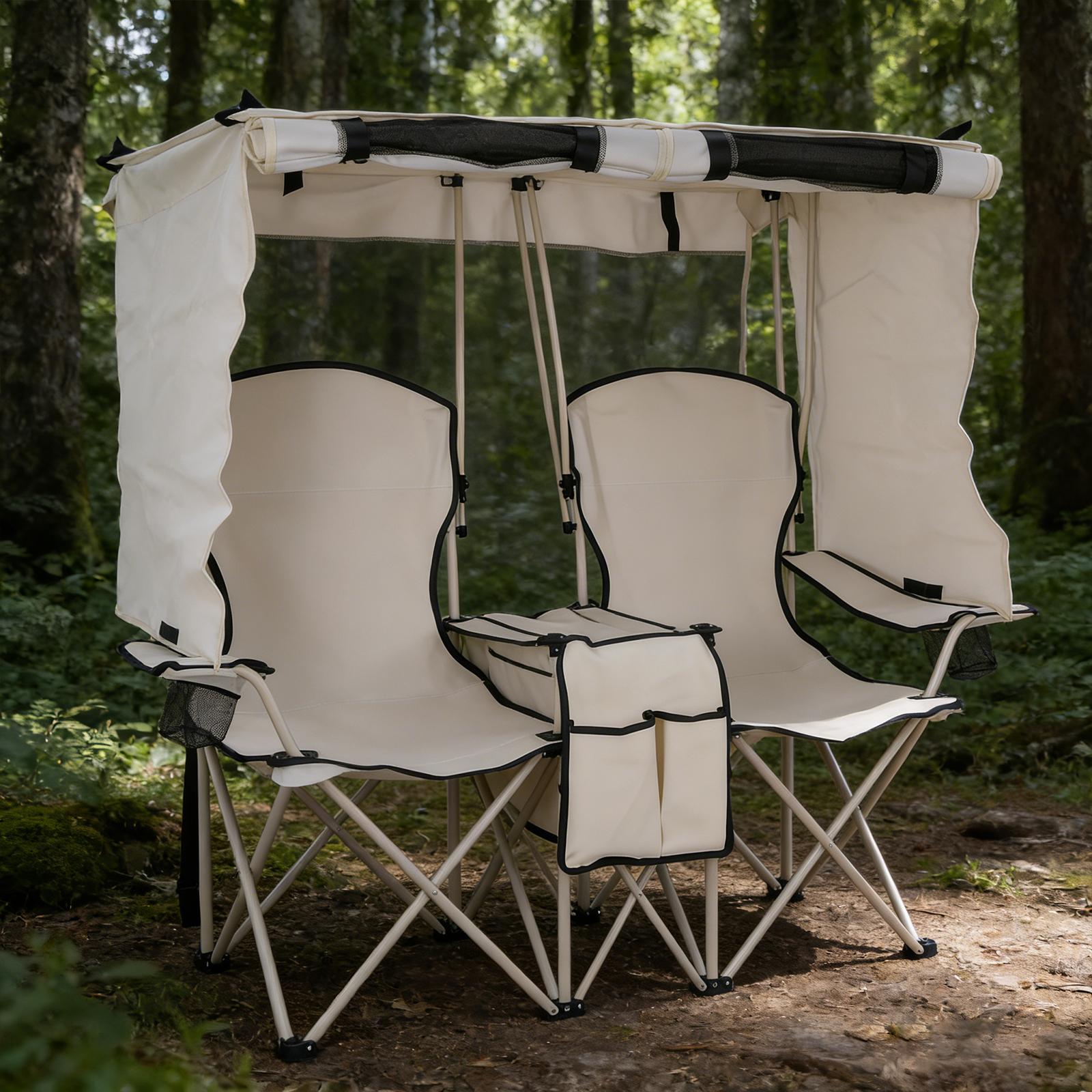 Folding Camping Two-Person Seat with Shade Canopy Portable Double Camping Chair with Cup Holder Cooler Bag Protection for Beach Fishing Camp Sports Event NEW