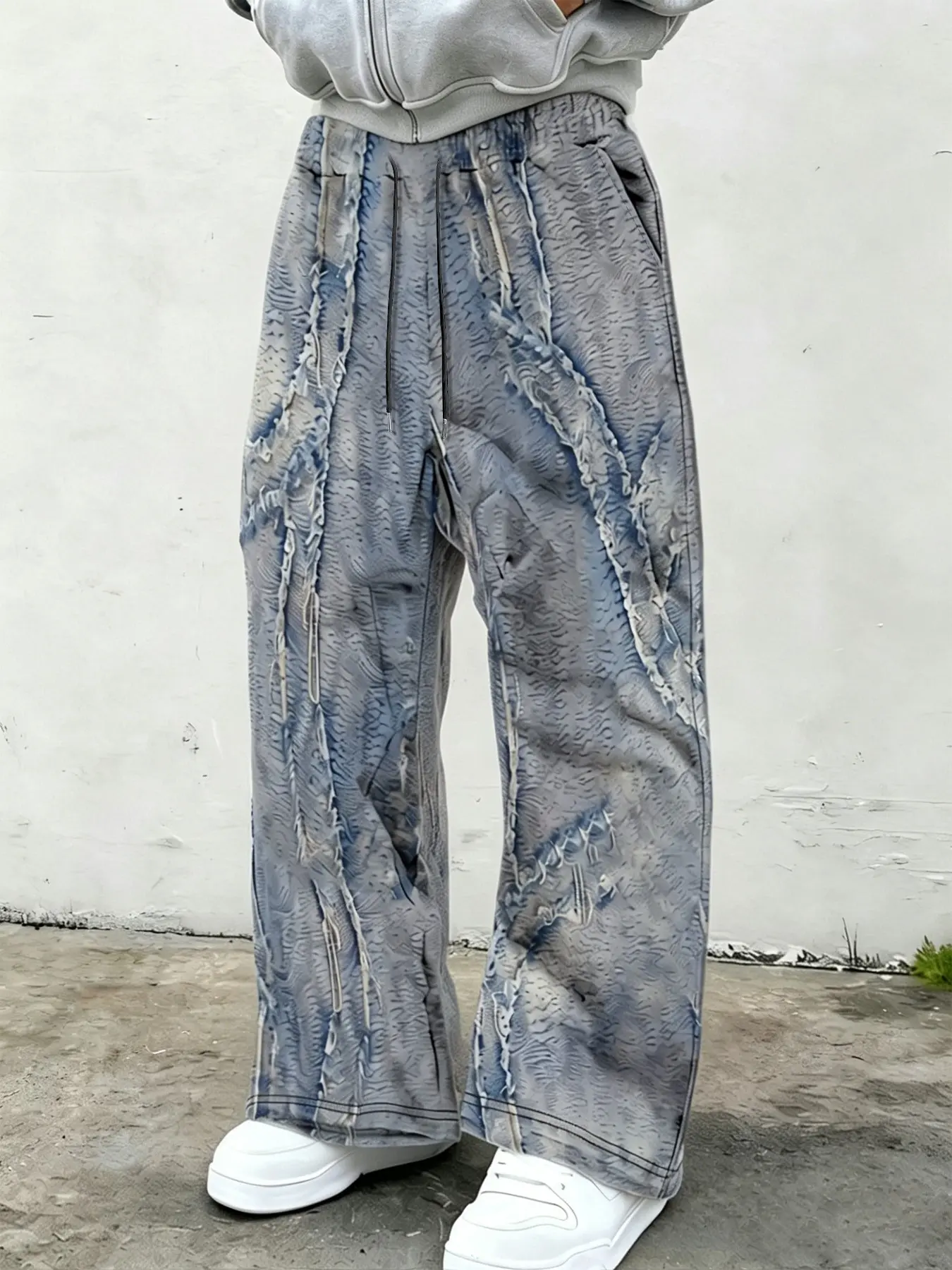 Men's Blue Gradient Snake Print Tie-Dye Drawstring Wide Leg Oversize Sweatpants, American Y2K High Street Loose Fit Long Pants