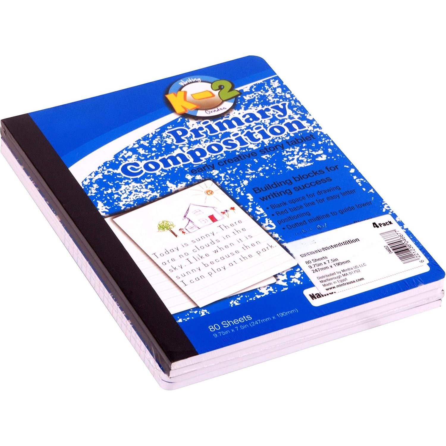Primary Composition Notebook, 4 Pack, Blue Cover, 80 Sheets, 7.5in x 9.75in, 1/2 Sheet, Ruled with Drawing Area, Flexible Hardcover Journal , Grades K-2, School & Home Use