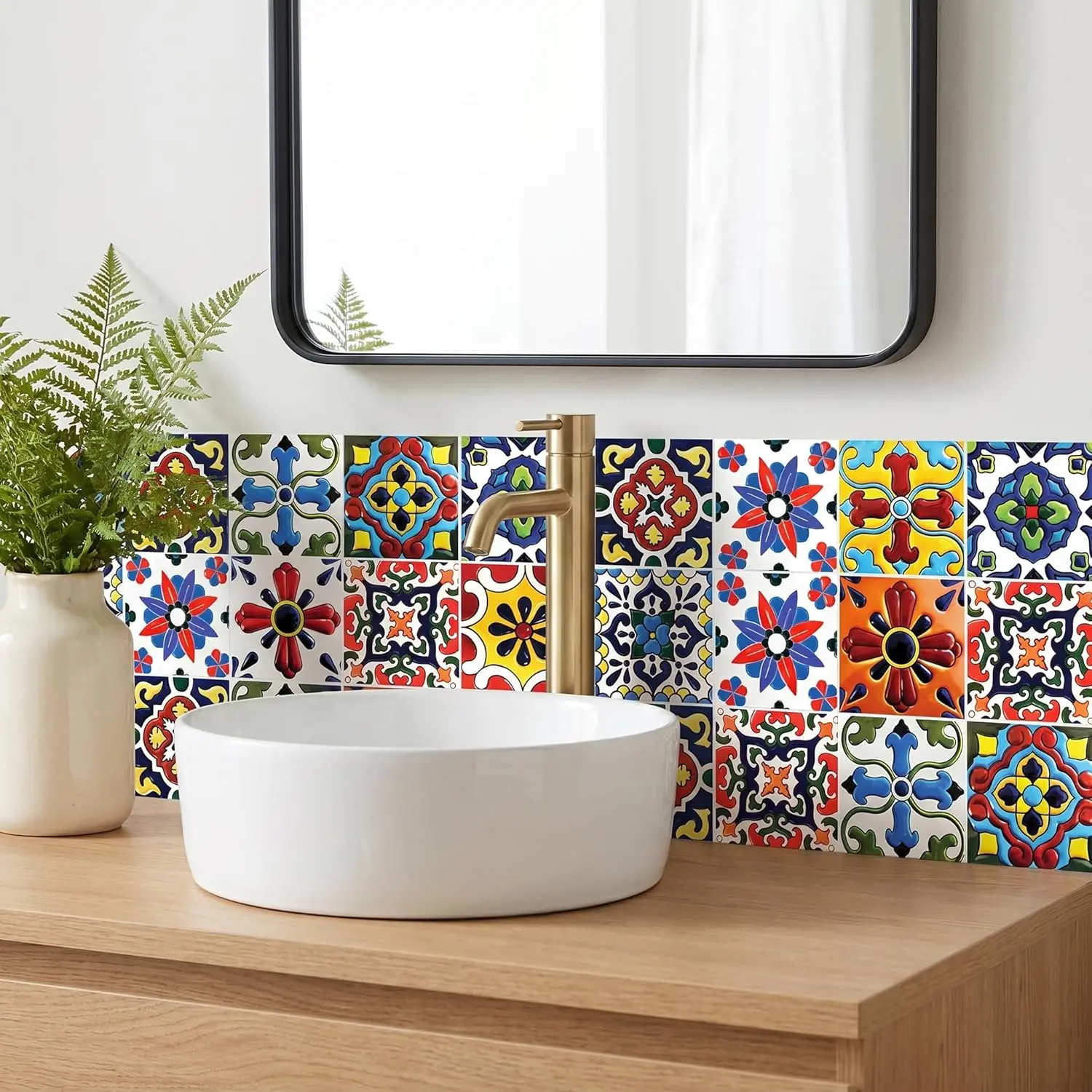 Boho Talavera Peel and Stick Tile Stickers - Easy DIY Backsplash for Kitchen Walls - Waterproof Vinyl Decals for Stairs & Bathroom Decor -30 Pcs 4x4 Inch