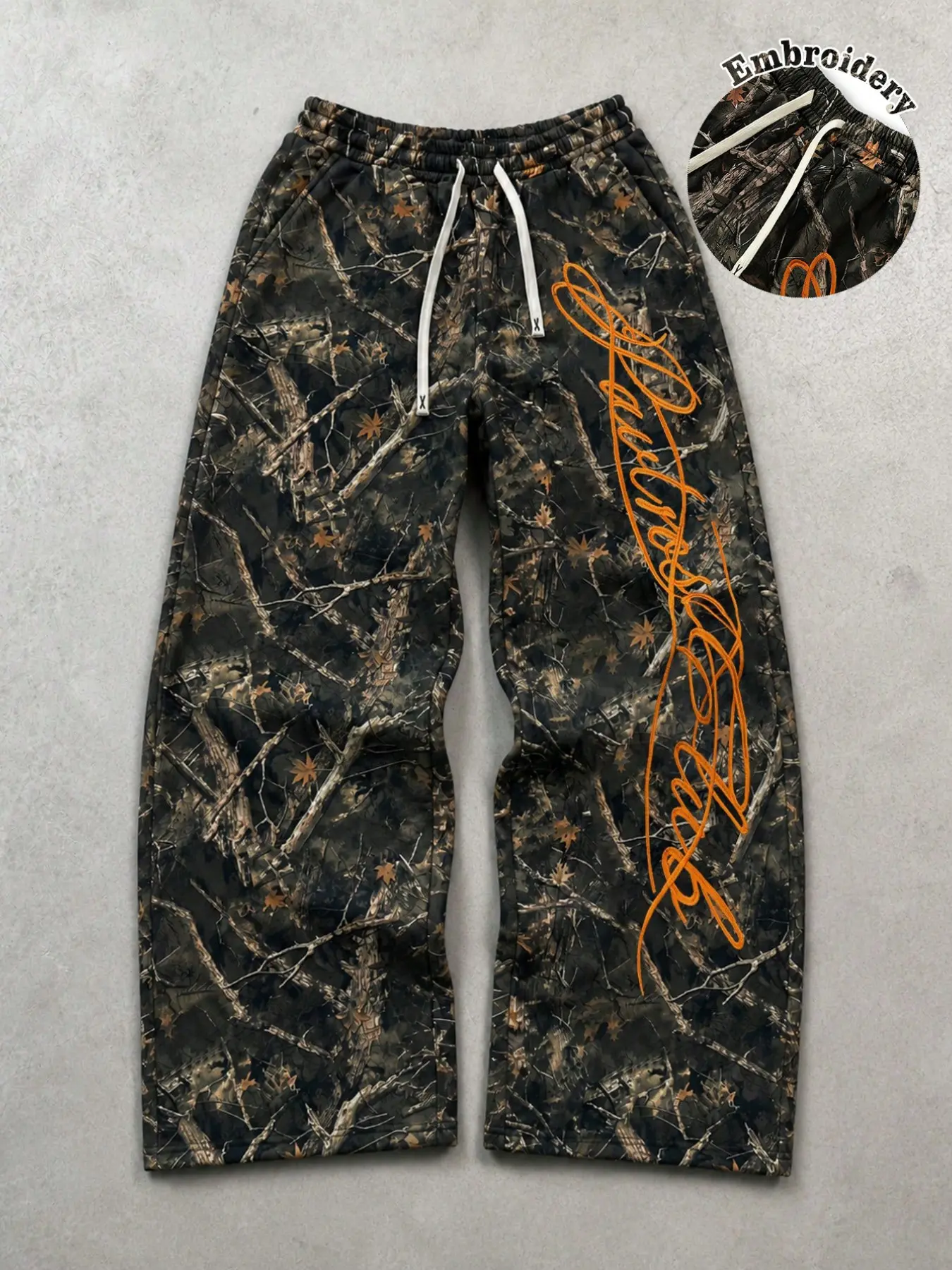 American Vintage Tree Pattern Camouflage Embroidered Wide Leg Sweatpants, Handwritten Letters, Drawstring Waist, Loose Fit, Streetwear