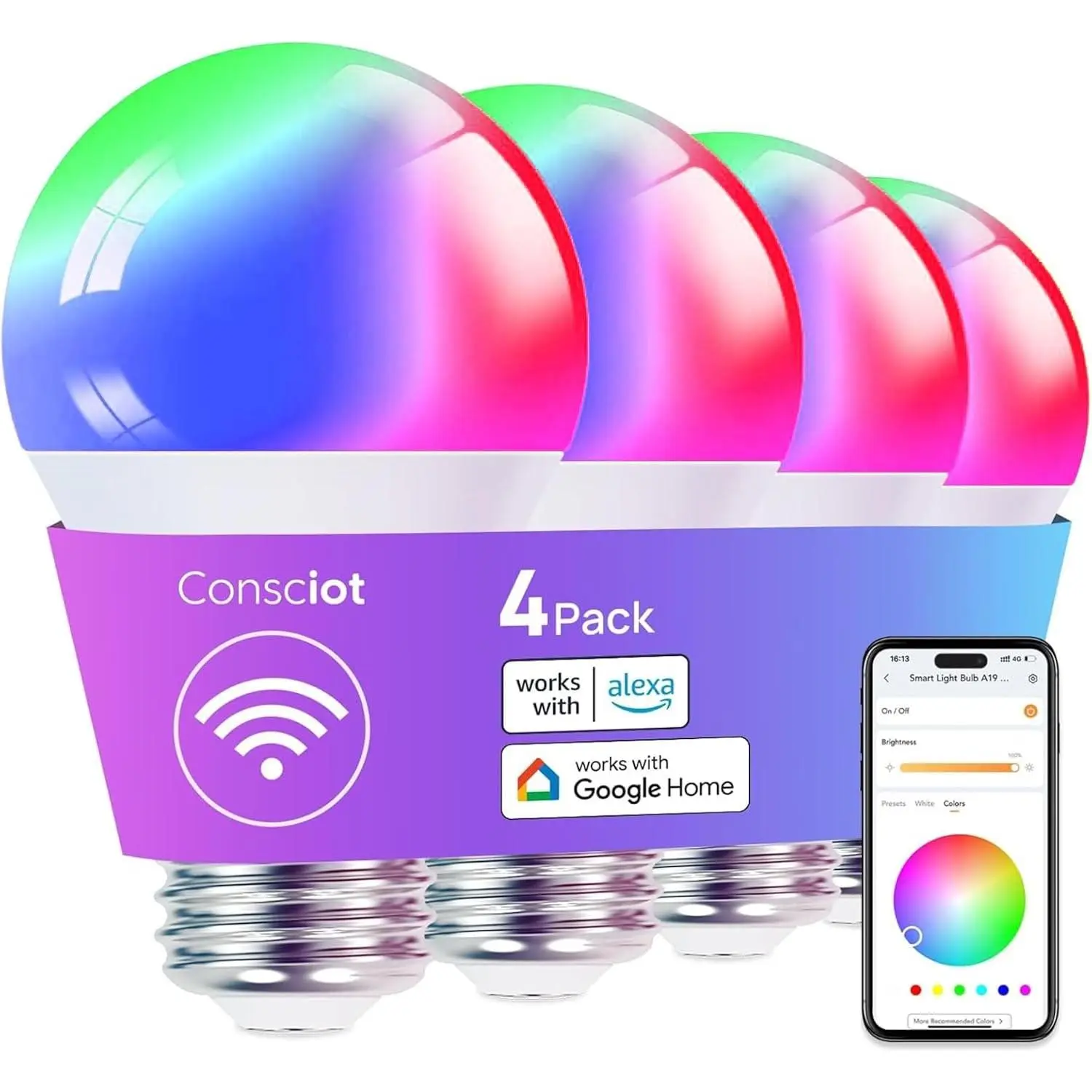 Smart Light Bulbs, A19 Color Changing Smart Bulbs, 800 Lumens 60W Equivalent, Works with Apple Home, Alexa, Google Home & SmartThings, Dimmable LED, 4-Pack