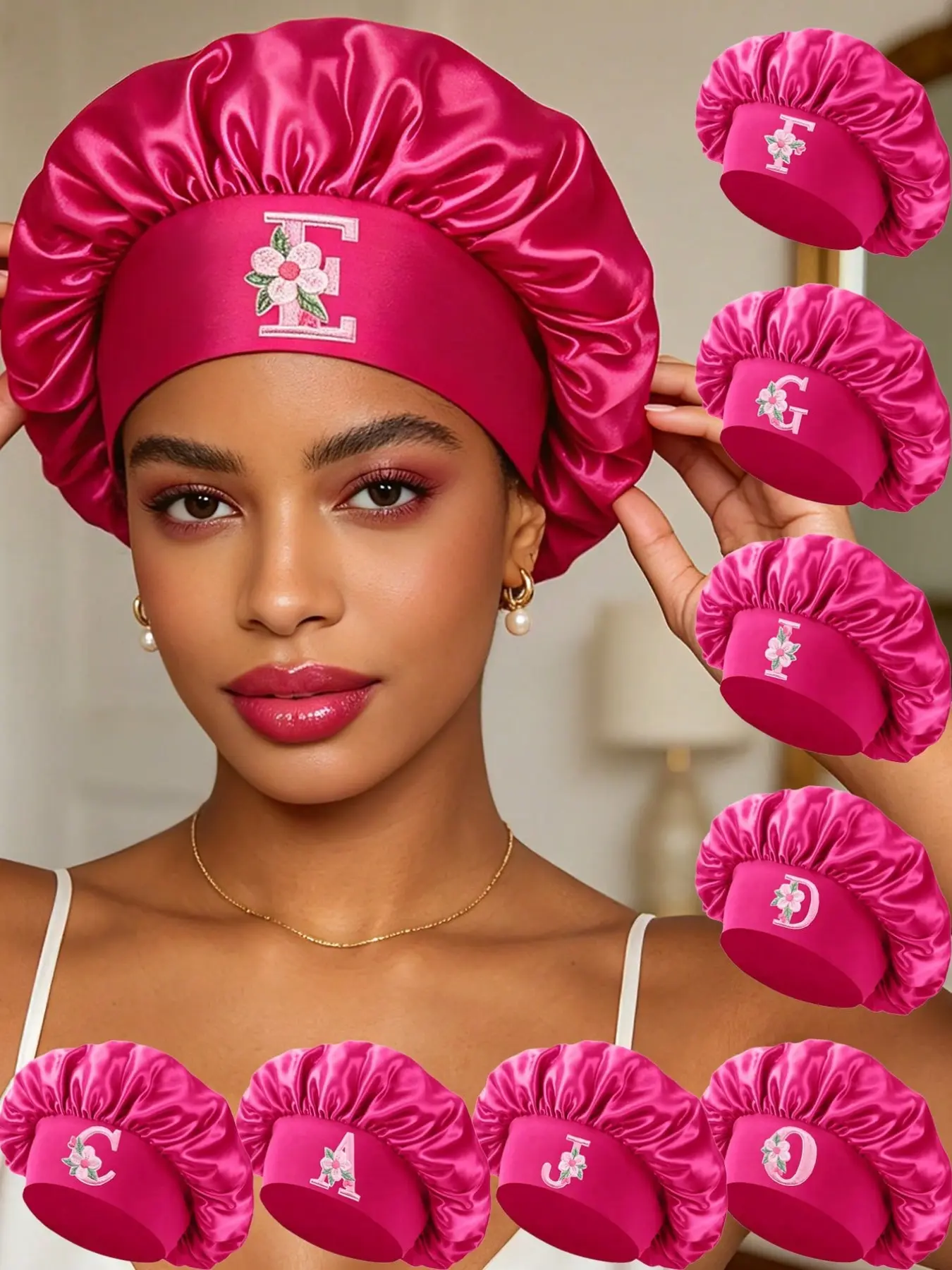 1 Piece Of Rose-red Anti-static Silk Sleep Bonnet, Personalized Full Set Of Floral A-Z Letter Hair Band Headcap, Bath Mask Special Head Cover, Exquisite Gift For Best Friends To Exchange As a Souvenir