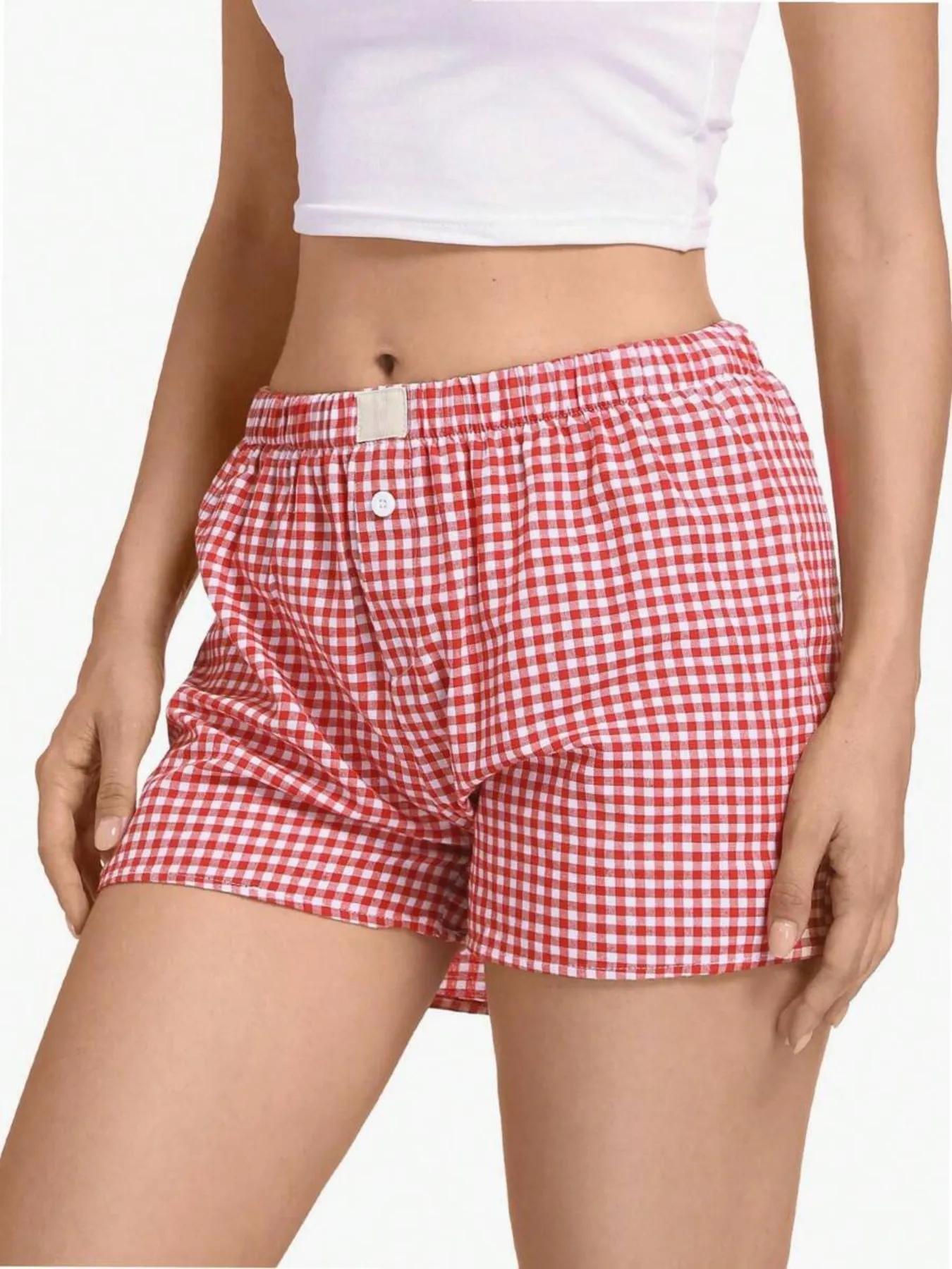 Women's Plaid Print Pajama Shorts, Casual Comfy Breathable Pajama Shorts for Daily Wear, Ladies Sleepwear Loungewear for Summer