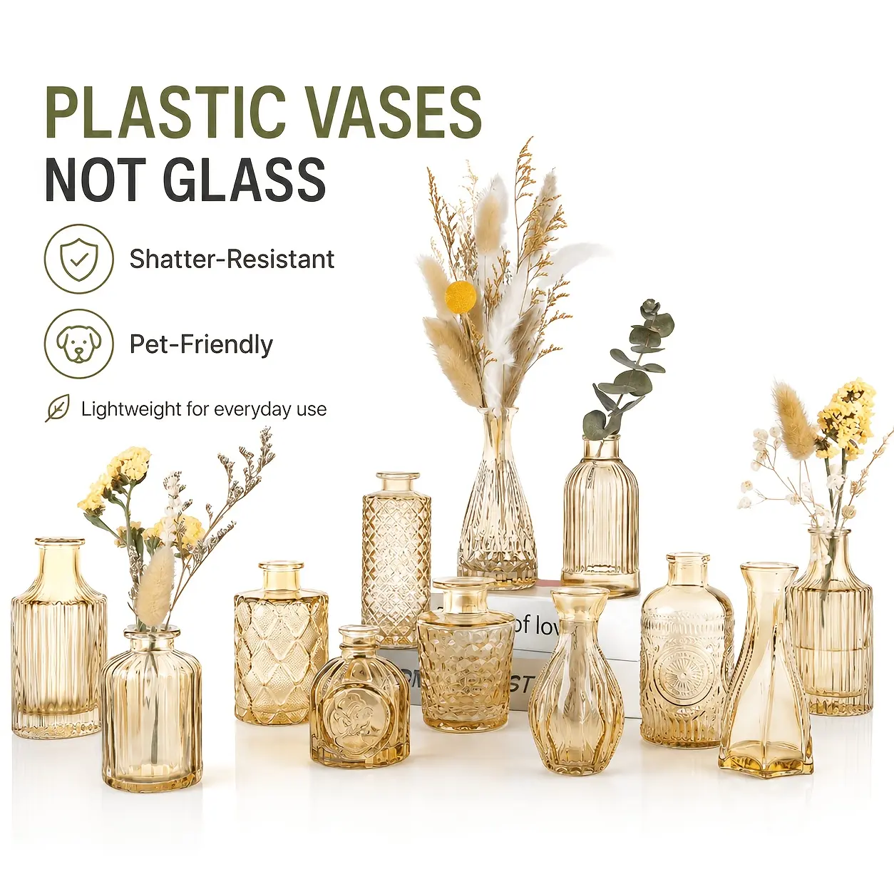 7pcs Amber Plastic Bud Vases, Golden Mini Garden Planters for Wedding Centerpieces, Vintage Small Bulk Vases for Modern Home Decor, Table & Reception Ornaments