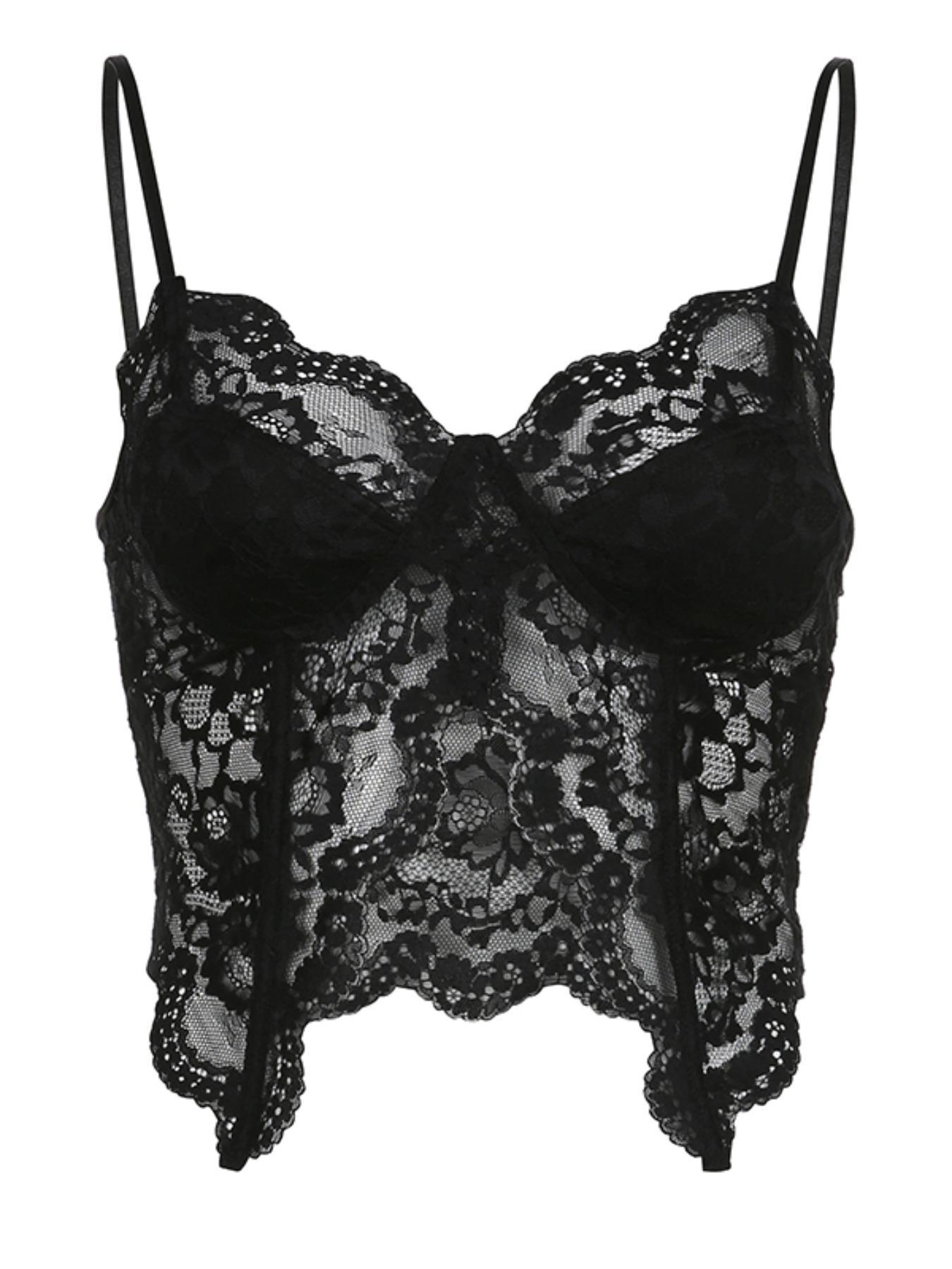 Women's Solid Asymmetrical Hem Scallop Trim Lace Cami Top, Summer Clothes Women, Adjustable Spaghetti Strap Crop Top for Summer, Women's Clothing for Club Party, Casual