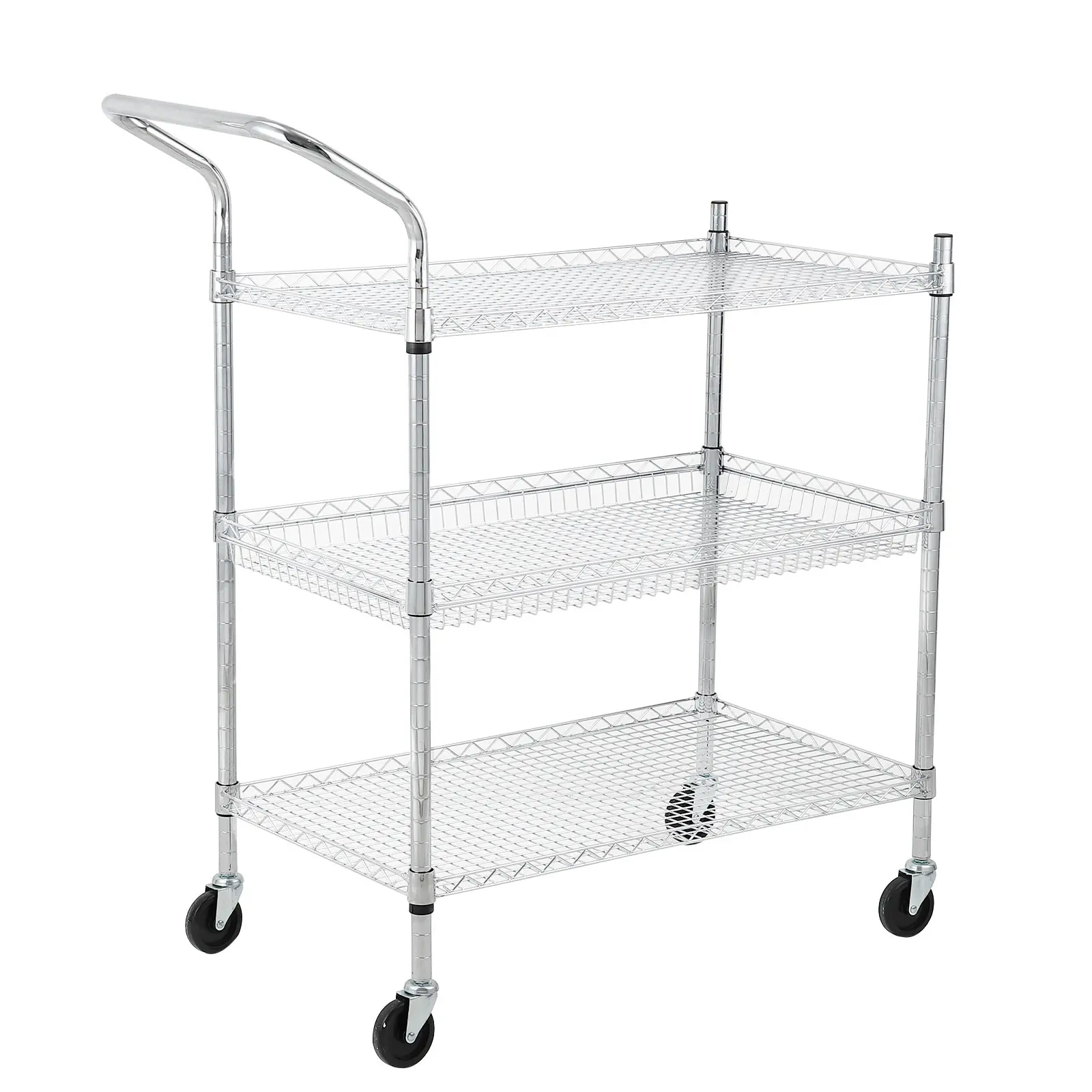 3 Tier Heavy Duty Rolling Utility Cart, Commercial Grade Metal Serving Cart with Wheels, Handle Bar and Storage, 1500Lbs Capacity, Food Storage Utility Trolley, for Kitchen Garage, Silver