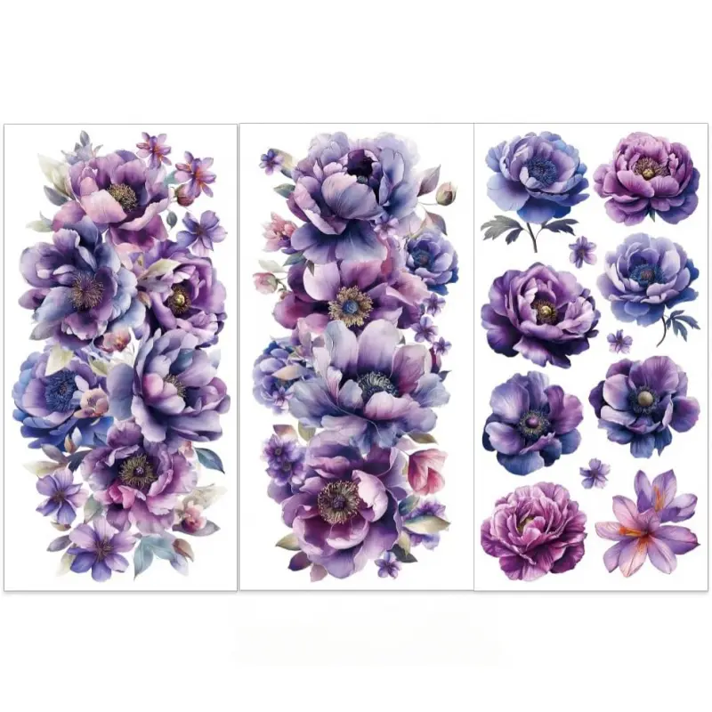 3Pcs/Set Purple Flower Rub on Transfers for Furniture and Craft 6x12 Inch Peony Furniture Decal Transfer Sticker Rub on Decal  for Scrapbook Window Home Decoration