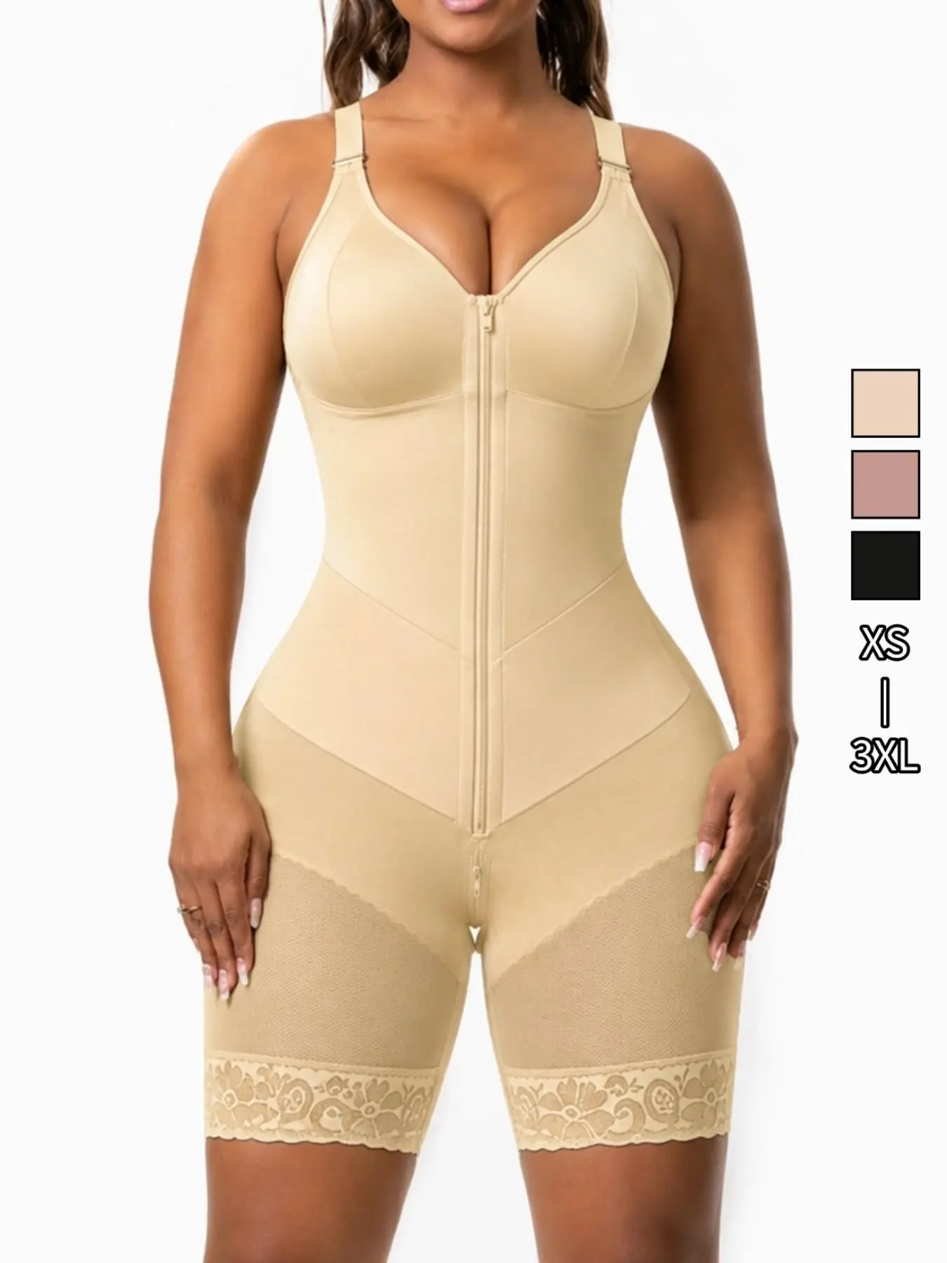 New Women's Shapewear Bodysuit, Zipper Shaper Bodysuit, Colombian Fajas, Bodysuit Fajas Tummy Control Butt Lifter, Full Body Sculpting Waist Trainer, Adjustable Straps, Zipper Backless Top & Shorts, Dual Layer Compression Belt