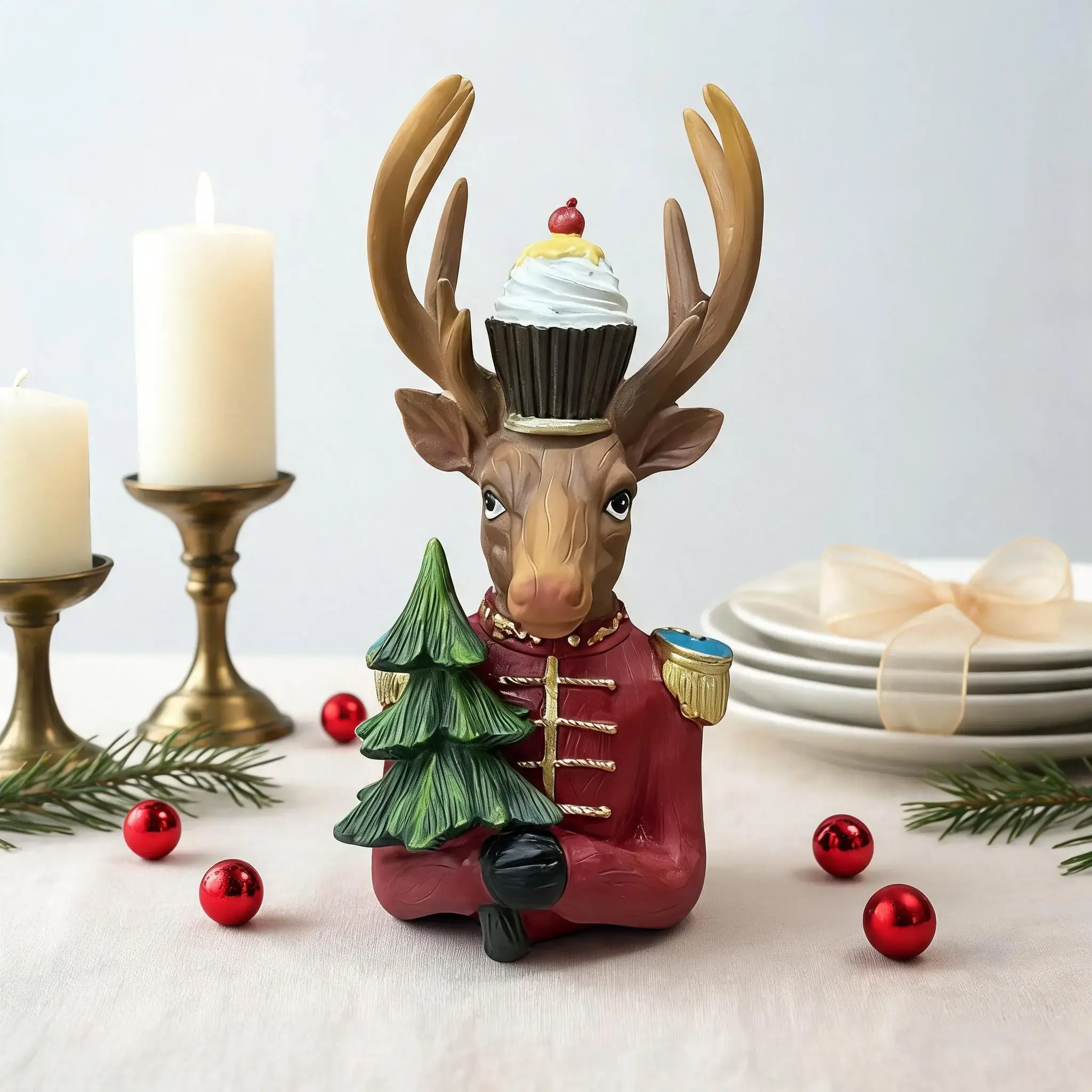 9-Inch Whimsical Christmas Reindeer Nutcracker Figurine, Resin Deer Statue holding Mini Xmas Tree with Cupcake Hat, Retro Cottagecore Holiday Tabletop Decor, Festive Room Aesthetic Christmas Gift, 1PC