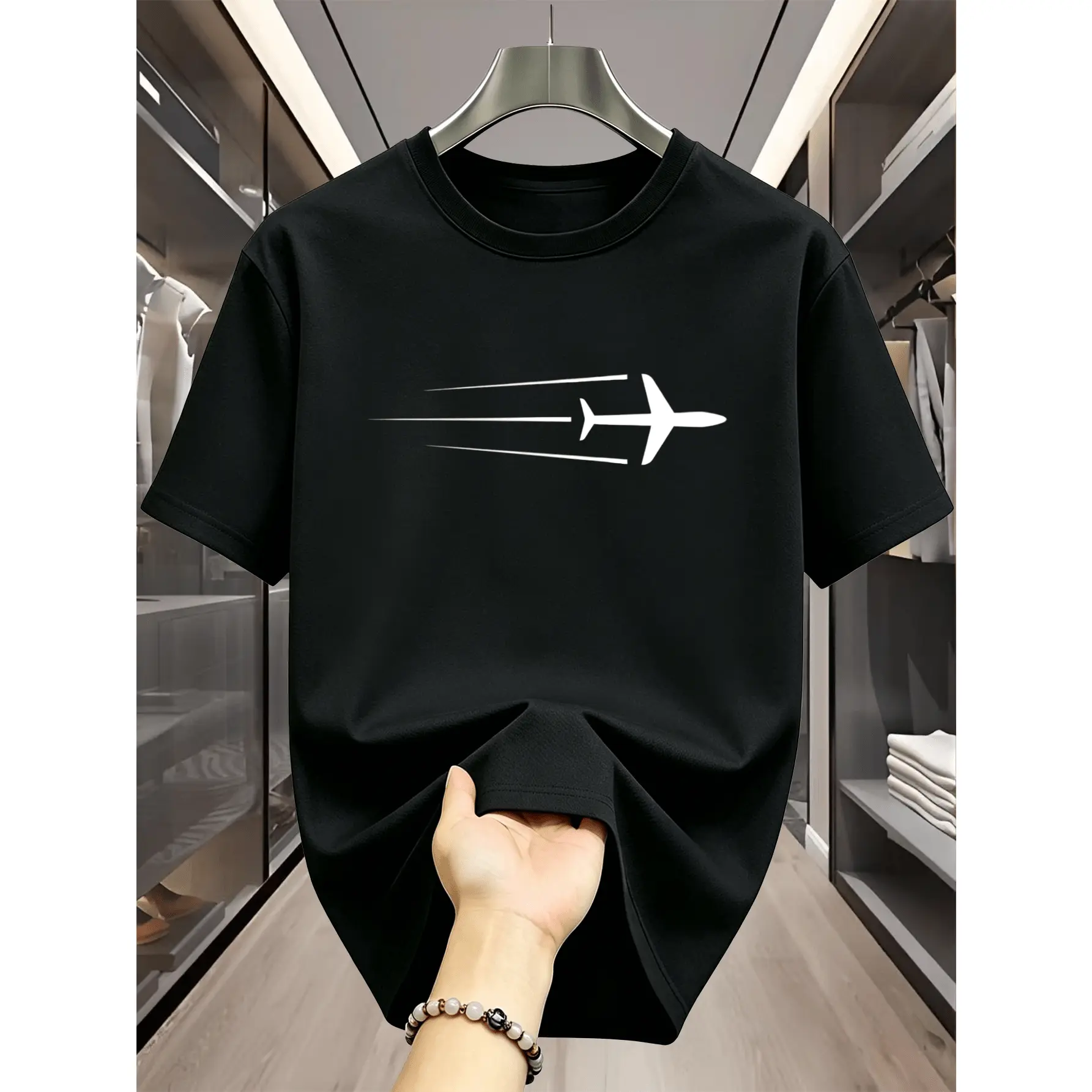 Men's Airplane Graphic T-Shirt, Heavyweight 100% Cotton Crew Neck, Baggy Regular Fit Streetwear for Travel and Airport Trip, Relaxed Fit, Anti-Pilling, Airplane Silhouette, Shortsleeve, Round Neck, Tops, Casual, Menswear, Minimalist