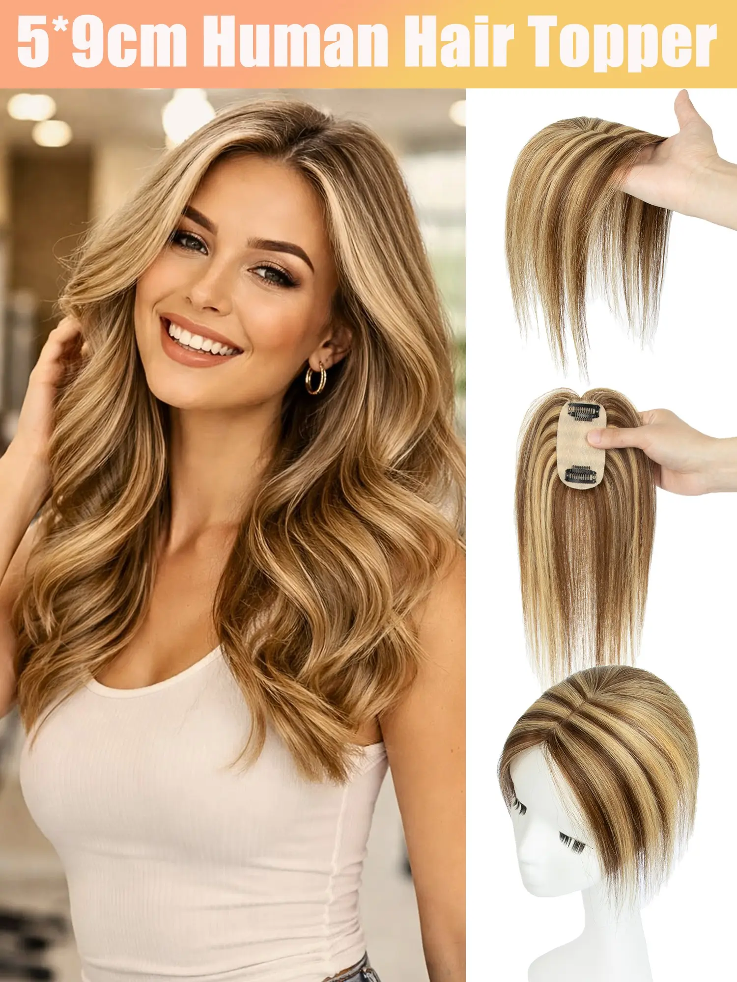 5x9 Human Hair Topper, Middle Part Style, Real Human Hair, Natural Scalp, Breathable Base, Covers Thin Areas, Easy Daily Use for Women