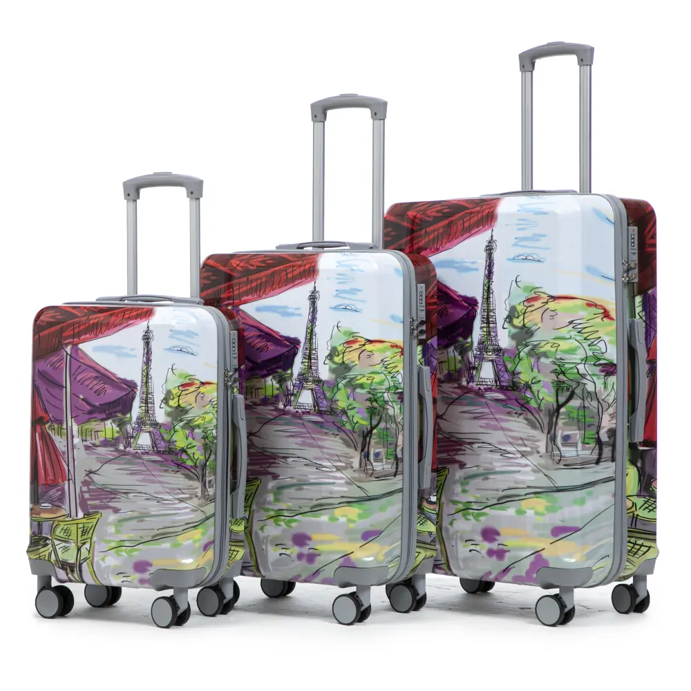 Unisex 3-Piece Rectangular Waterproof PC Shell Travel Luggage Set, 20"/24"/28" Spinner Wheels Suitcases with Print Pattern, Combination Lock, Carry-On Option (Coffee+Iron Tower, 22.27 lbs), Travel Gear