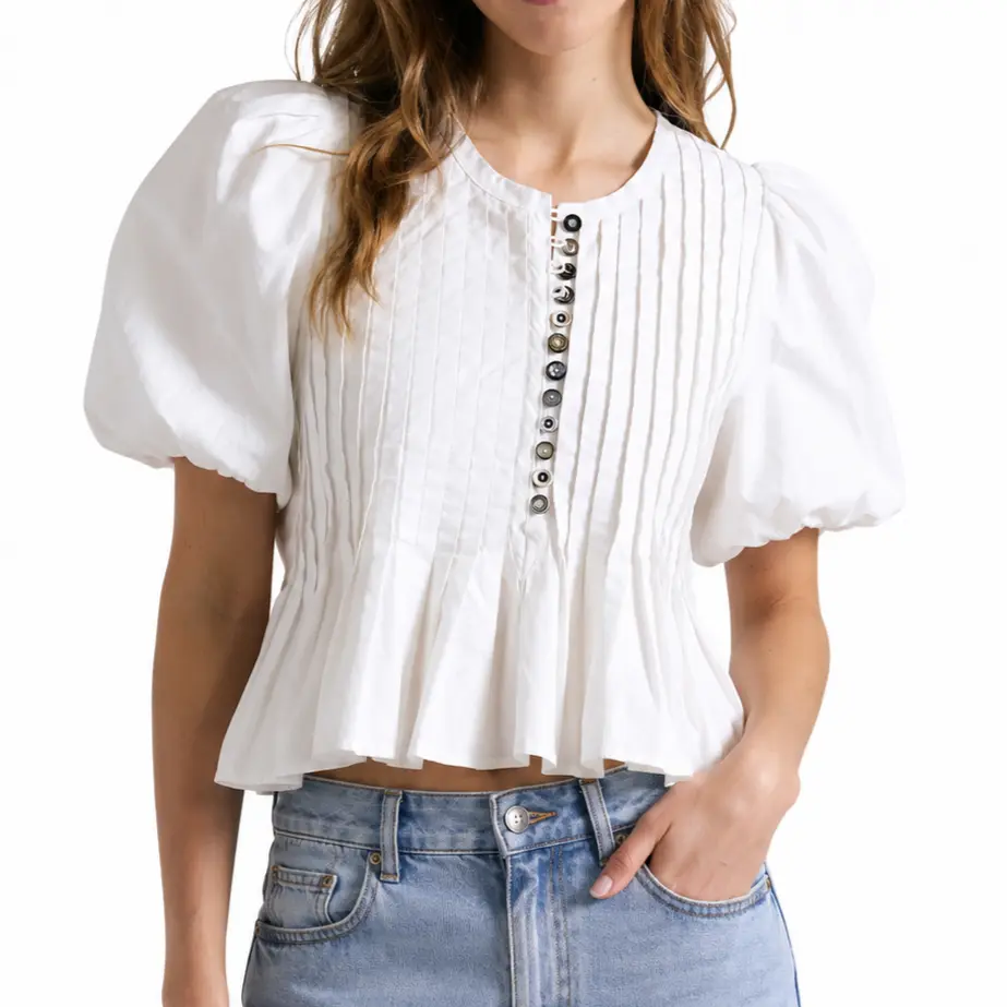Y2K Peplum Crop Top for Women, Short Puff Sleeve Pintuck Blouse, Round Neck Button Detail Flared Hem Going-Out Shirt