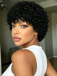 6 Inch Short Afro Kinky Mini Curly Pixie Human Hair Wig for Women, Natural Daily Wear, Wigs with Bangs, Short Wigs