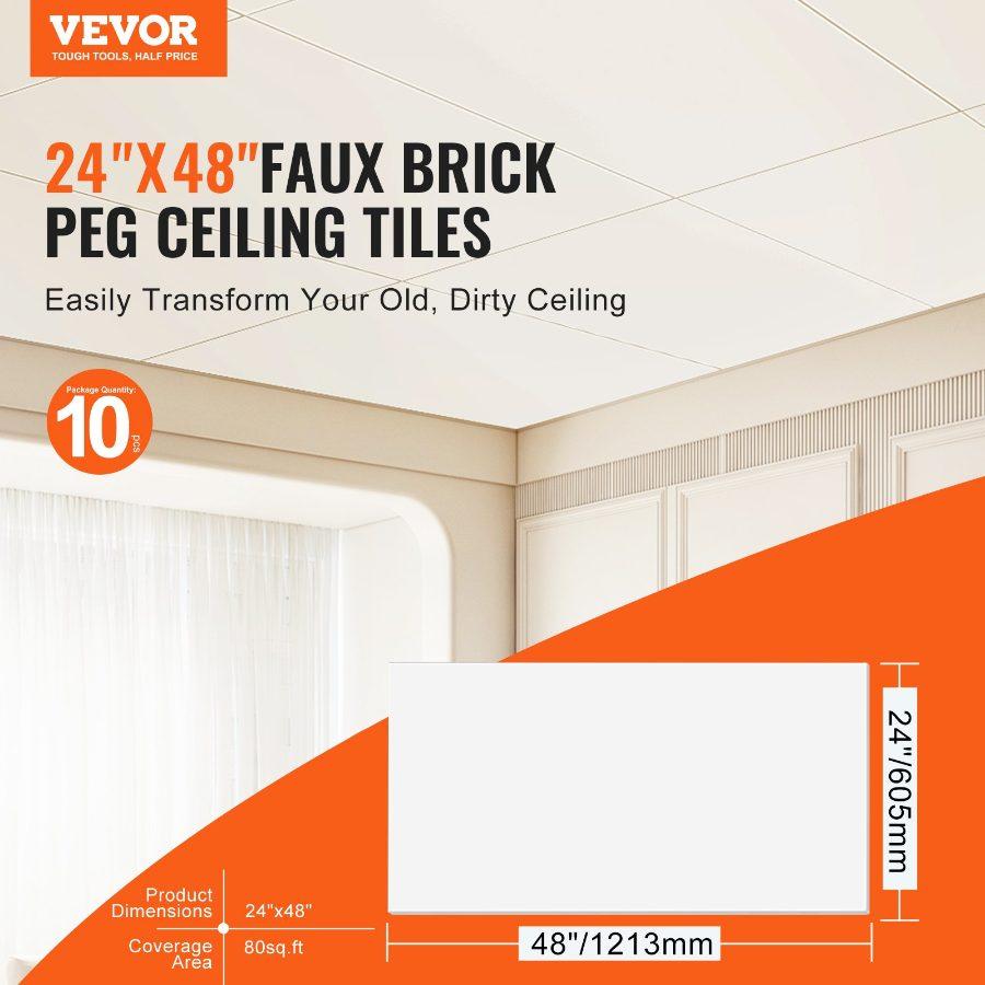 VEVOR Ceiling Tiles, 12-Pack 24x 24 in, Drop Ceiling Tiles Premium PVC Sheet, Easy Installation/ Cutting Plastic Glue-up Ceiling Tile, Ceiling Covering for Home/Office Decoration, White Peg Pattern
