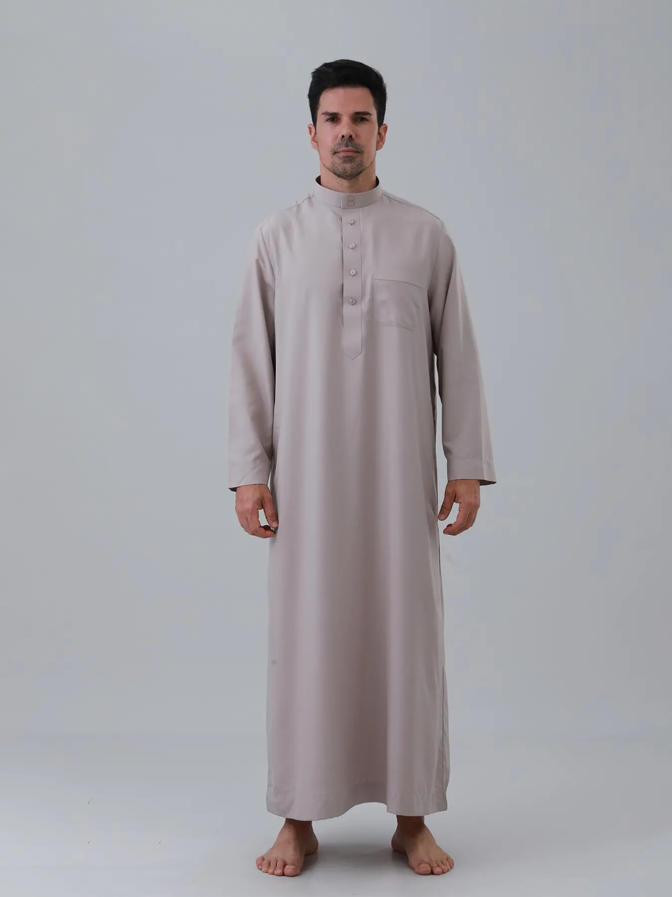 Men's Muslim Long Robe, Islamic Thobe, Breathable Anti-Wrinkle, Stand Collar, Long Sleeve with Pockets, Loose Fit, Arabic Dress, Ideal for Daily Prayer, Ramadan, Eid