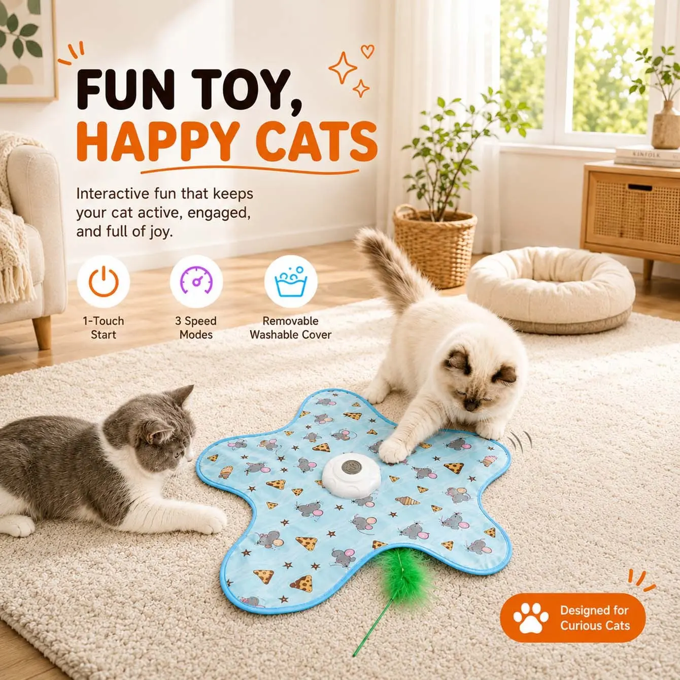Interactive Cat Toy Mat for Indoor Cats, Automatic Feather Teaser with Touch Start Function, Star Shaped Play Pad with Motion Activation, USB Rechargeable Boredom Relief Toy for Kittens, Adult Cats and Multi-Cat Homes
