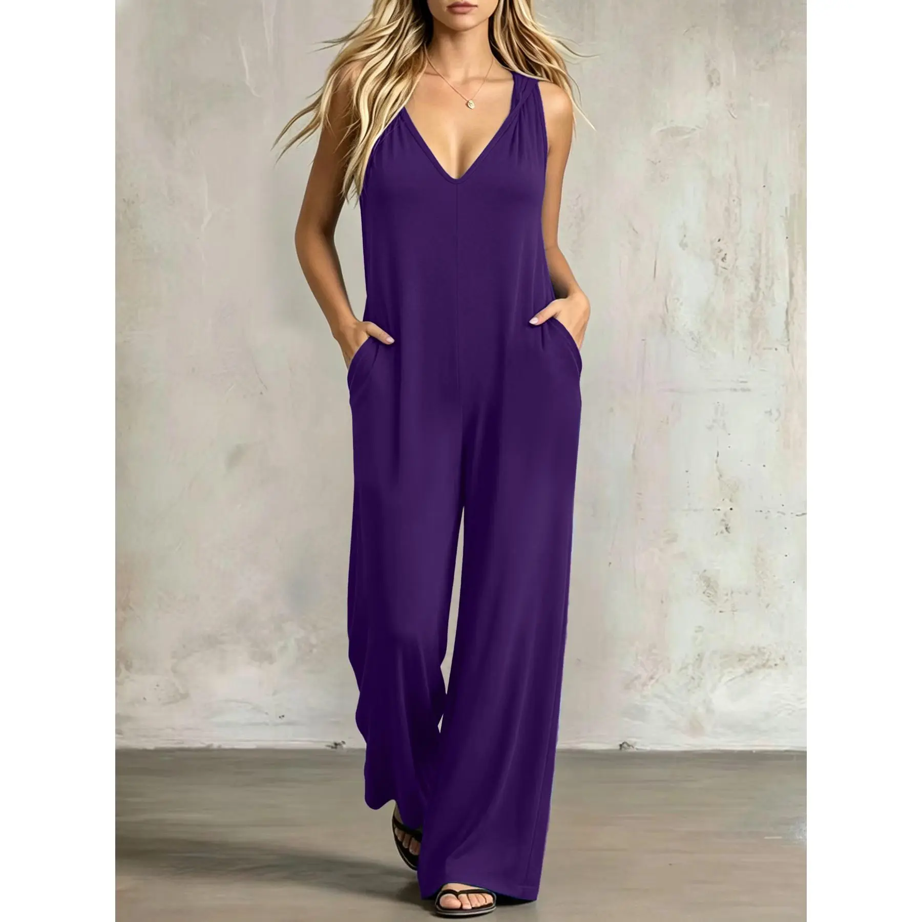 VVZ 2026 Women'sMinimalist Casual Hooded Sleeveless Jumpsuit, Deep V-Neck Draped Loose Wide-Leg One-Piece Pants