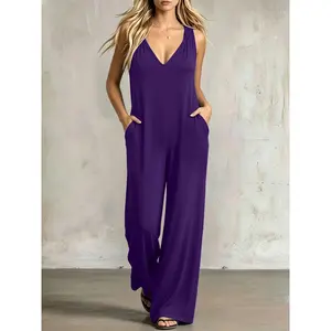 VVZ 2026 Women'sMinimalist Casual Hooded Sleeveless Jumpsuit, Deep V-Neck Draped Loose Wide-Leg One-Piece Pants