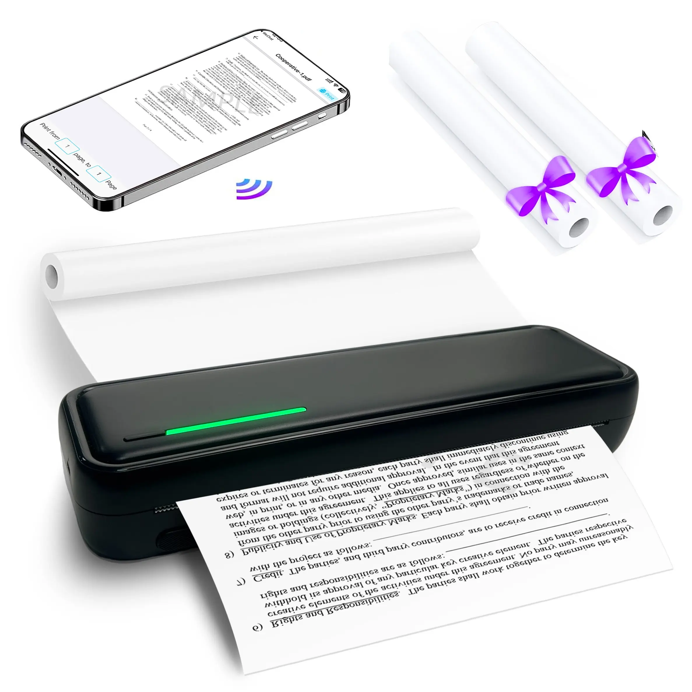 Portable A4 Thermal Printer, Wireless Inkless Printer for Home Office & Study, Mobile Phone Compatible Document & Photo Printer with 1 Built in Roll + 2 Bonus Paper Rolls