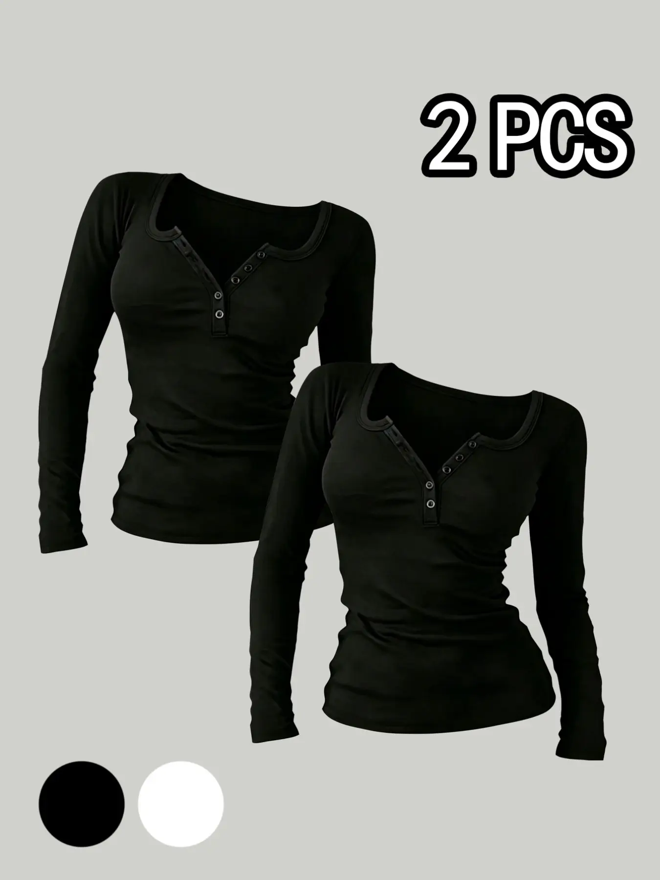 Women's Fitted Long Sleeve Two-Piece Set, Henry Neck Half-Button Pleated Waist, Sexy Plain T-Shirt, Summer Fashion, Slim Fit, Versatile, Tops, Casual