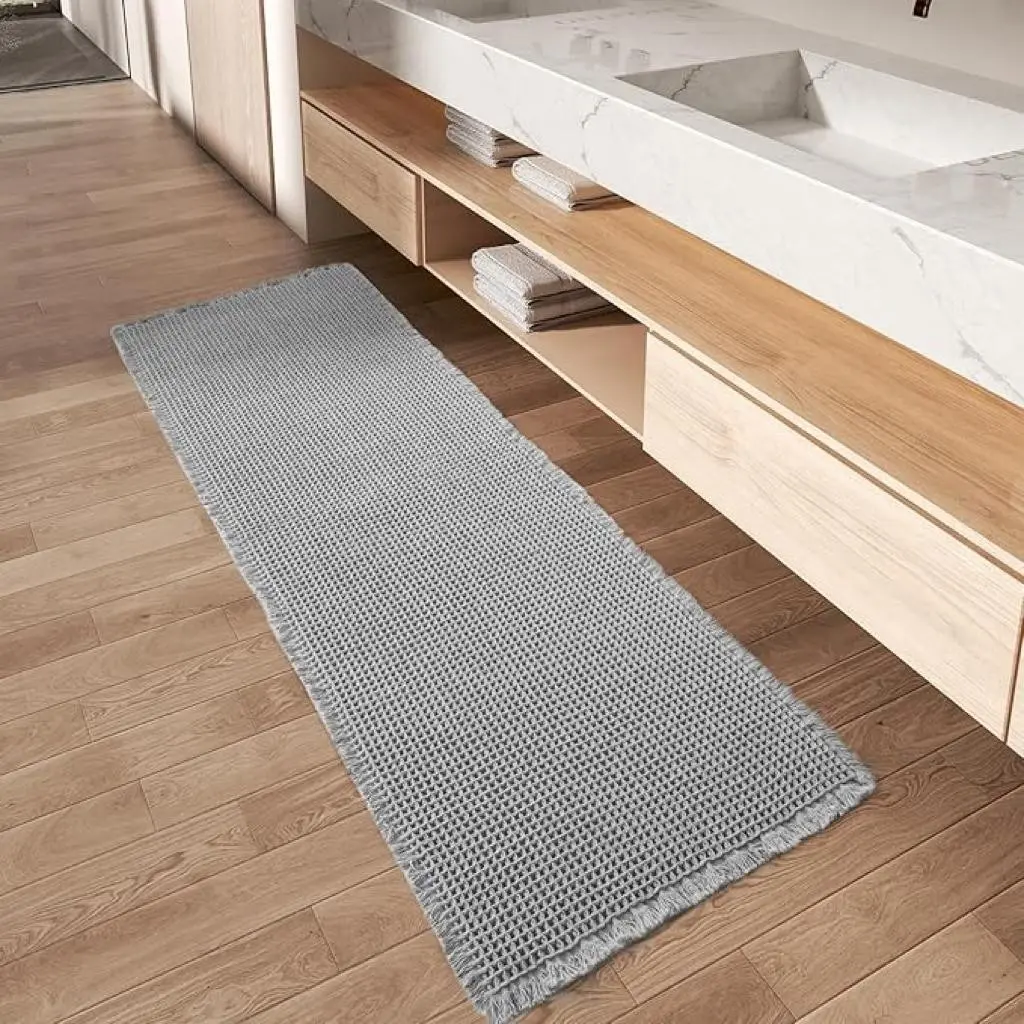 Upgrade Long Waffle Carpet, Super Absorbent Non-Slip Bath Mat, Washable Fringe Bathroom Rug, Ideal for Hallway Bedroom Laundry Room