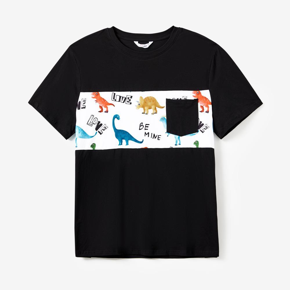 PatPat Family Matching Allover Dinosaur Print Drawstring Ruched Bodycon Dresses and Short-sleeve T-shirts Sets Spingtok