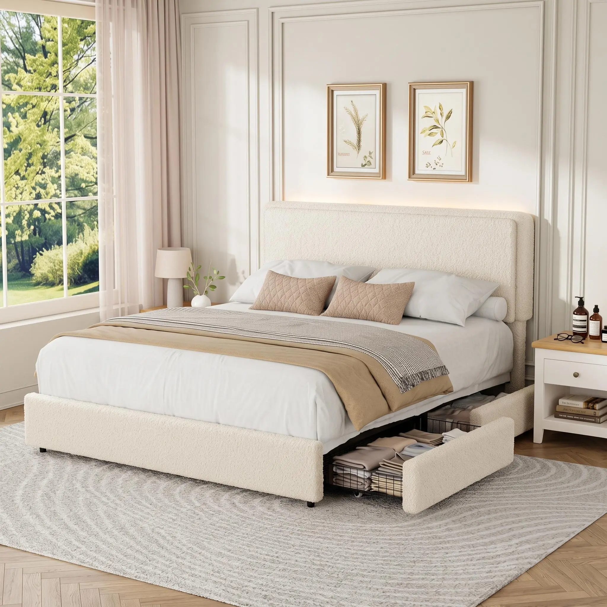 Cozy Boucle Upholstered Platform Bed Frame with Adjustable Cloud Headboard, Soft Fleece Fabric, 2 Built-in Storage Drawers, Sturdy Slat Support, No Box Spring Required, Simple Assembly Modern Bedroom Furniture
