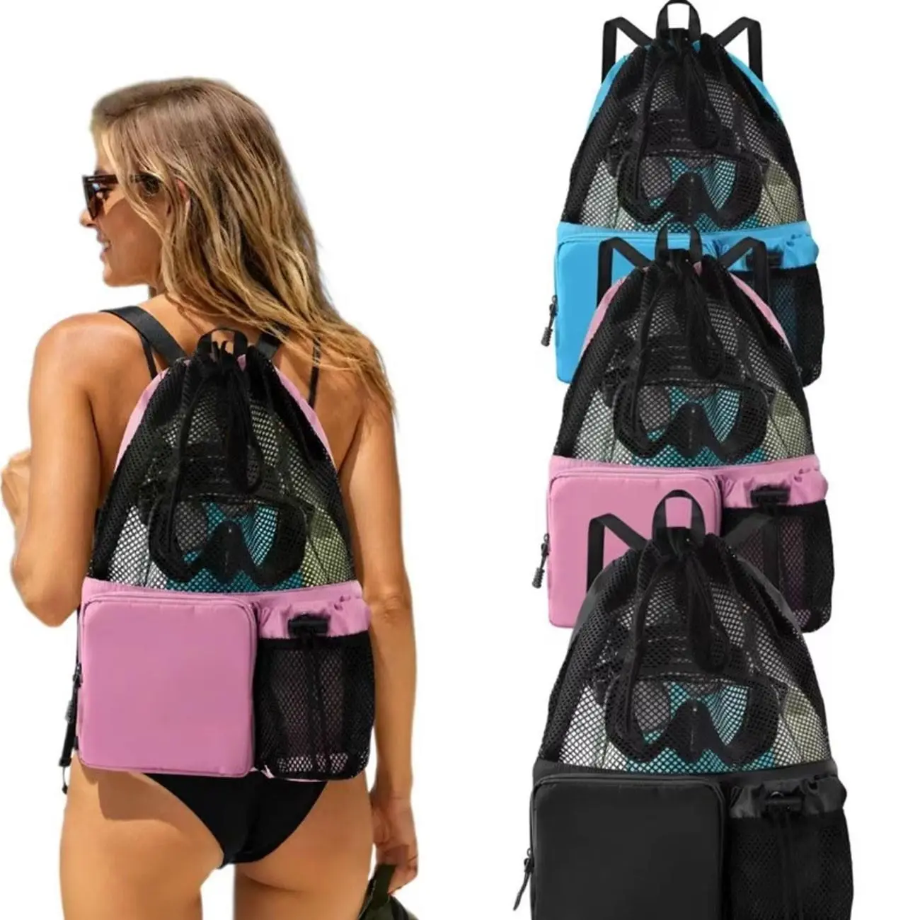 Multi-pocket waterproof mesh drawstring backpack, large-capacity breathable portable storage bag, capable of storing equipment related to swimming, fitness, beach trips, and outdoor activities.