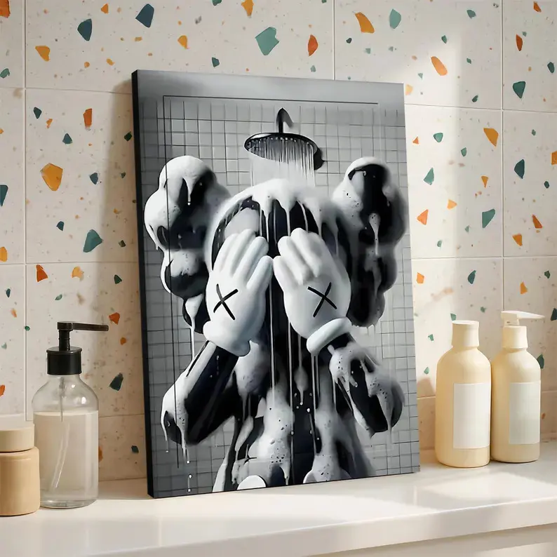 Monochrome Foamy Covering Face In Shower Canvas Print, Hypebeast Bathroom Wall Art, Funny Bathroom Hypebeast