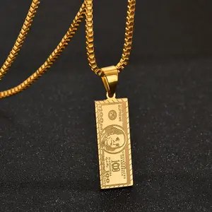 Unique Titanium Gold-Plated Dollar Bill Pendant Men's Necklace Hip-Hop Jewelry