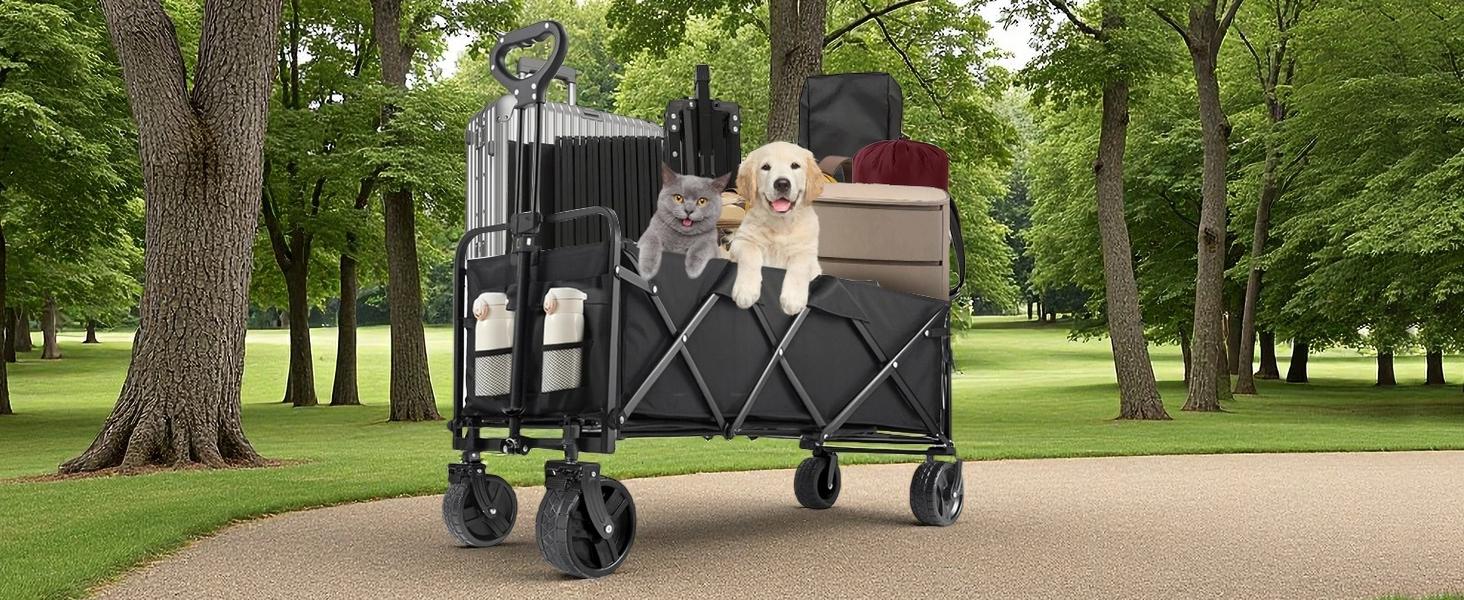 350L Large Capacity Foldable Wagon with Brakes, 560lbs Heavy Duty Collapsible Wagon Cart with Push Handle All-Terrain Big Wheels for Camping, Sports, Shopping, Beach