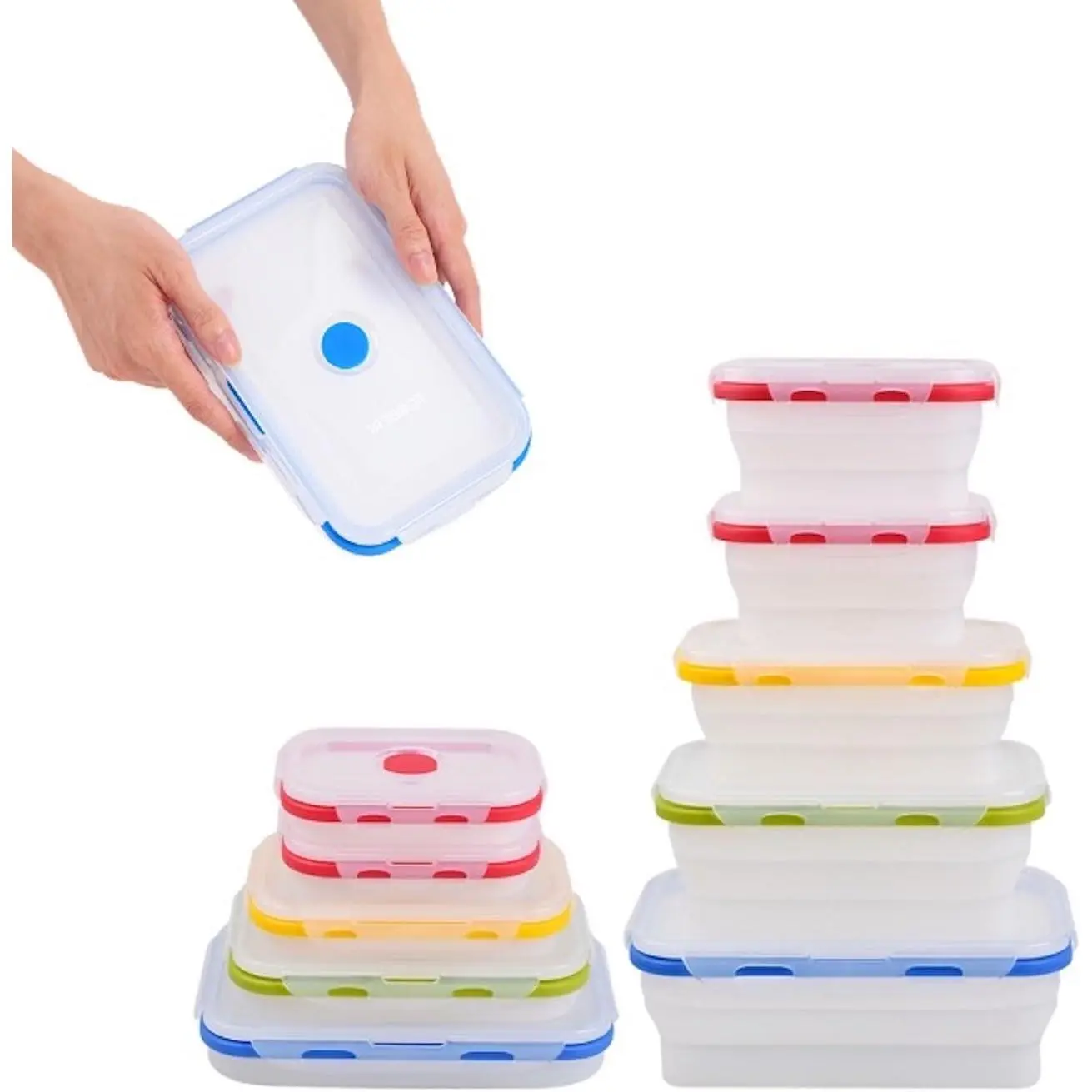 Collapsible Food Storage Containers, Silicone 5 Piece Set, 12/17/27/40 oz, BPA-Free Meal Prep Containers with Airtight Lids, Space-Saving, Freezer and Dishwasher Safe