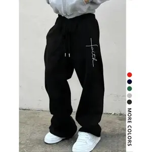 Men's Casual Loose-Fit Jogger Pants, Cross Faith Pattern Print, Drawstring Wide Leg Sweatpants, All-Season Men's Clothing