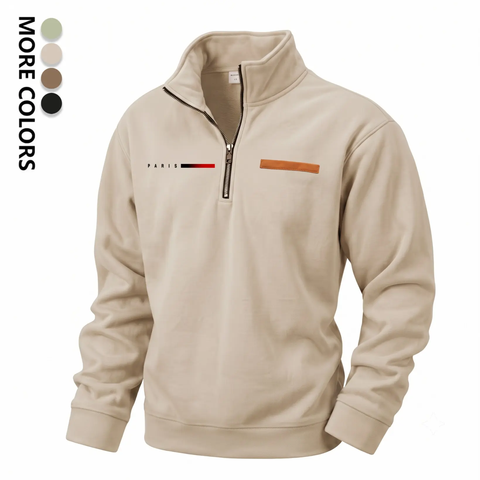Men's Paris Quarter Zip Fleece Pullover, Warm Stand Collar Sweatshirt Jacket with Letter Print, Soft Long Sleeve Tops for Fall Winter, Outdoor Activities, Travel, Camping and Everyday Wear