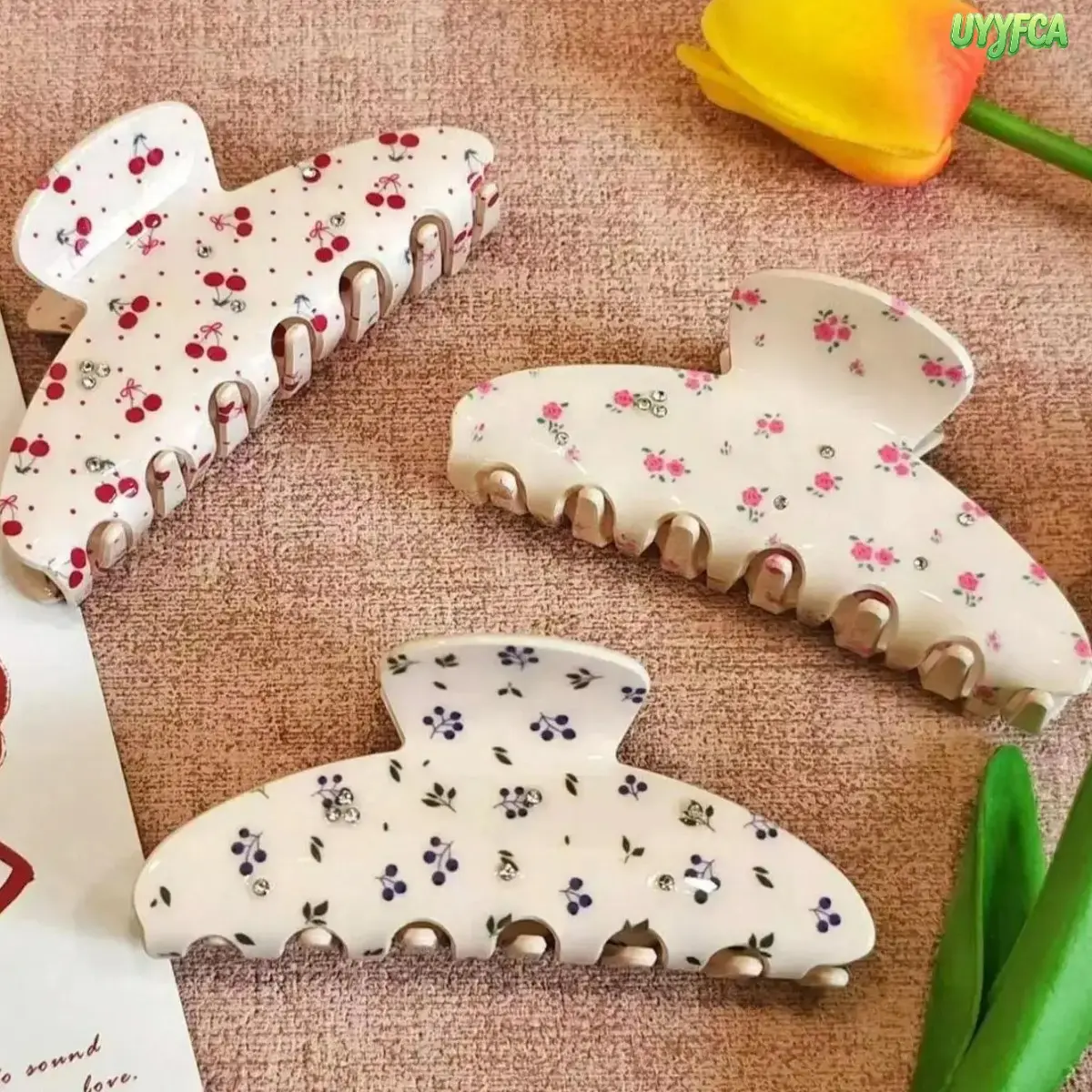 Cute Elegant Floral Cherry Print Hair Claw Clips, Rhinestone‑Decorated Large Non‑Slip Hair Jaw Clips, Trendy Hair Accessories For Women And Girls For Daily Hairstyle, Casual Outfits And Party Wear