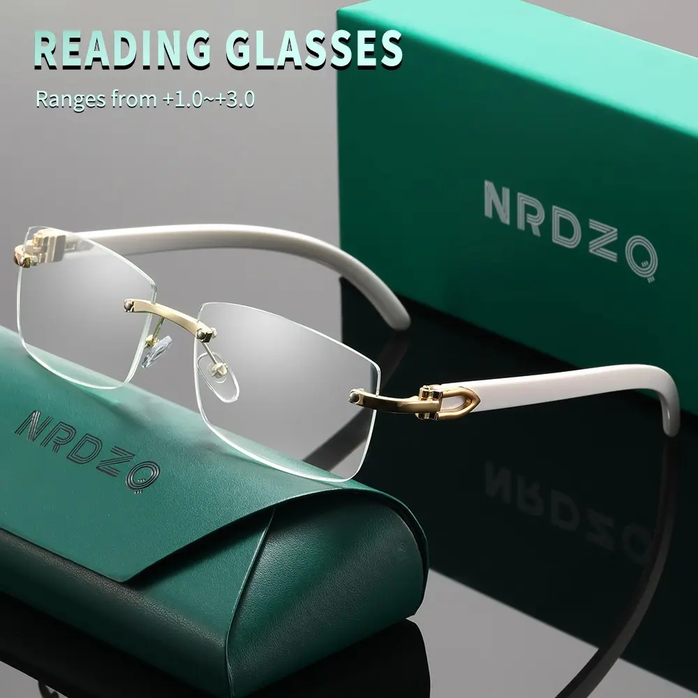 NRDZQ Business Style Gold Frameless Anti-Blue Light Reading Glasses (100-300 Degrees), Rimless Eyeglasses, Unisex, Multiple Colors, Gift Box Included