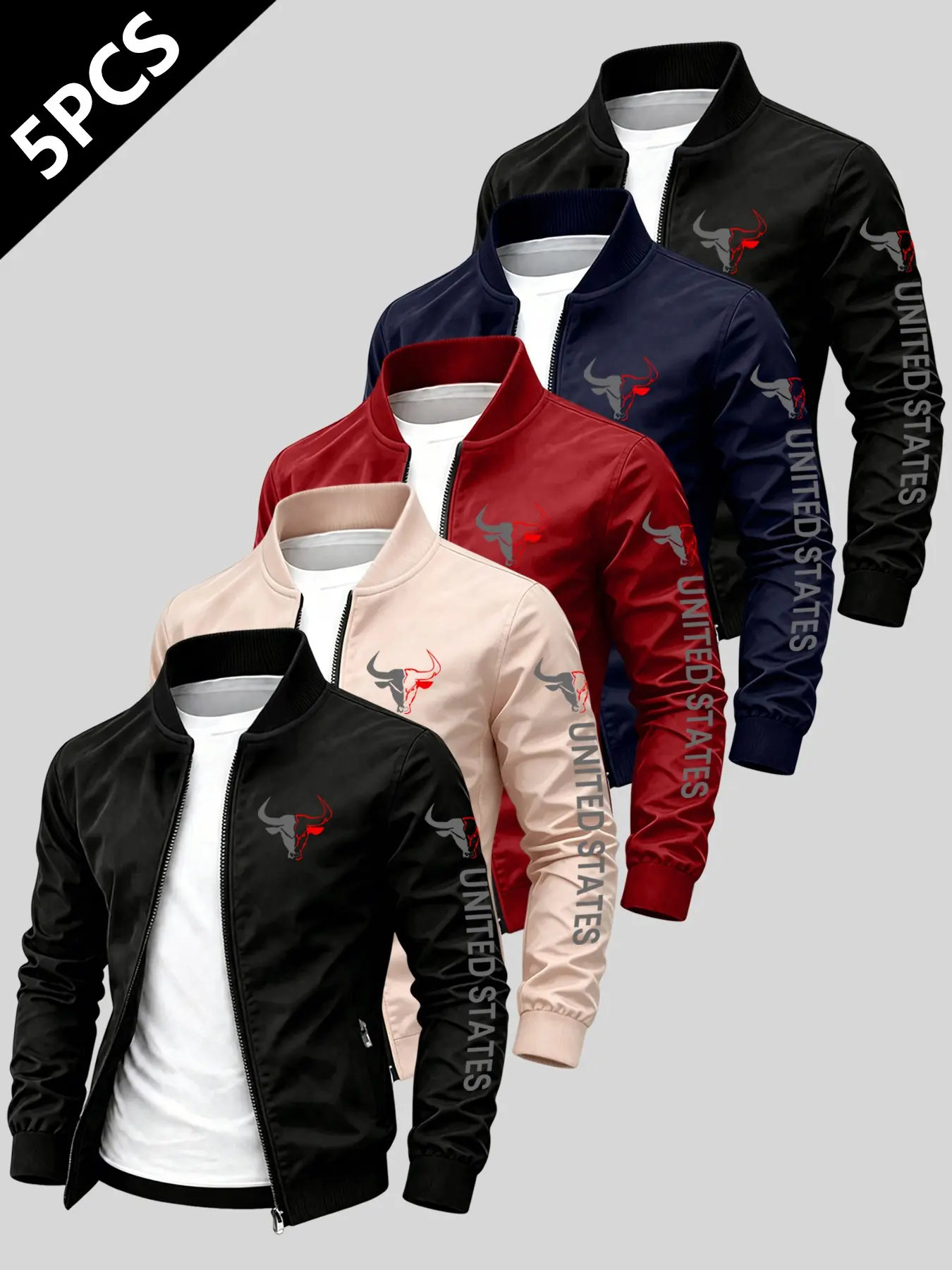 Men's Dual-Color Bull Print Lapel Casual Sportswear Jacket, Jackets Zip Up, Fitted Design, Zipper Closure, Outerwear for Spring & Fall, Versatile Styling