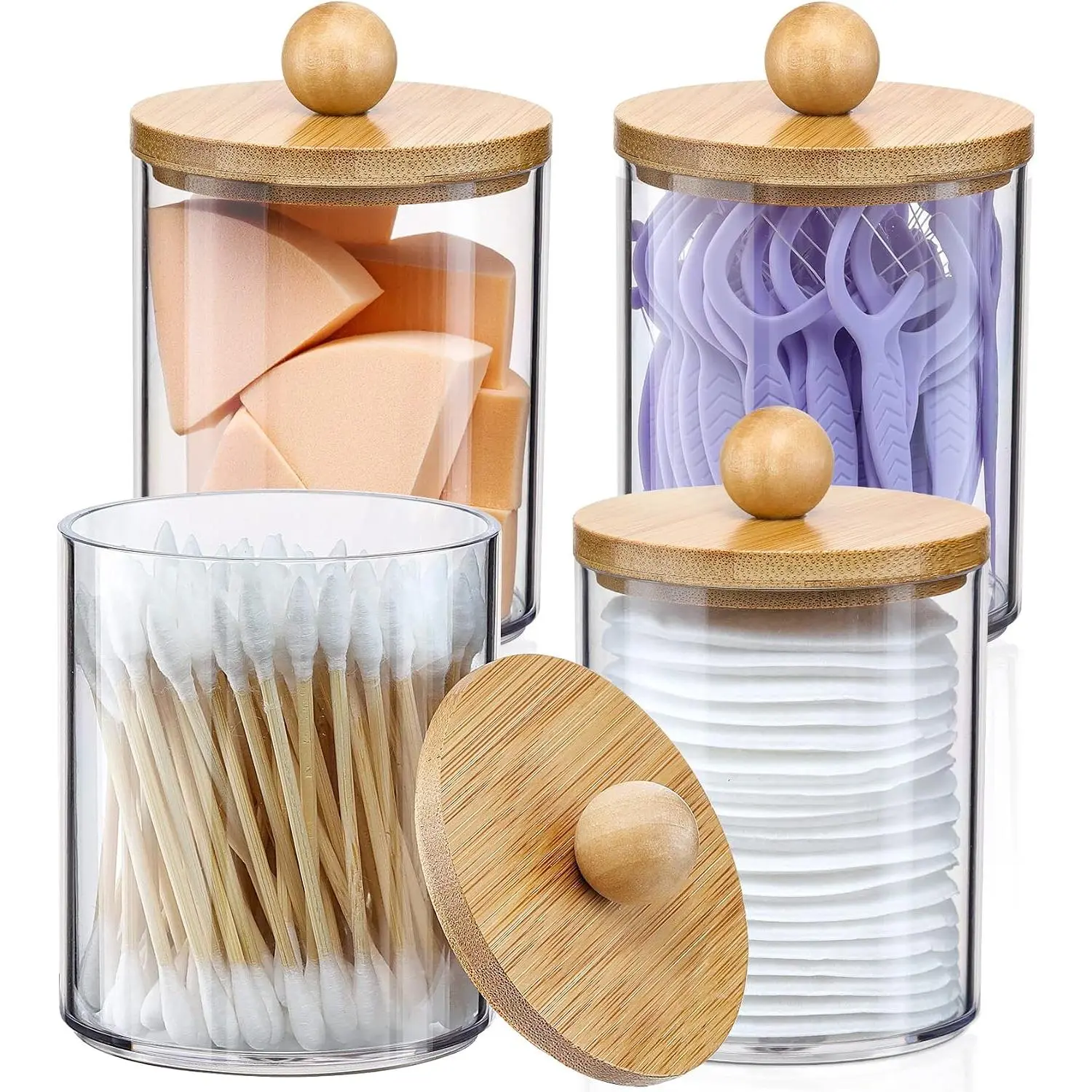 4 Pack Qtip Holder Dispenser with   - 10 oz Clear Plastic  Jar Containers for  Makeup Organizer Storage - Bathroom Accessories Set for  Swab, Ball, Pads, Floss