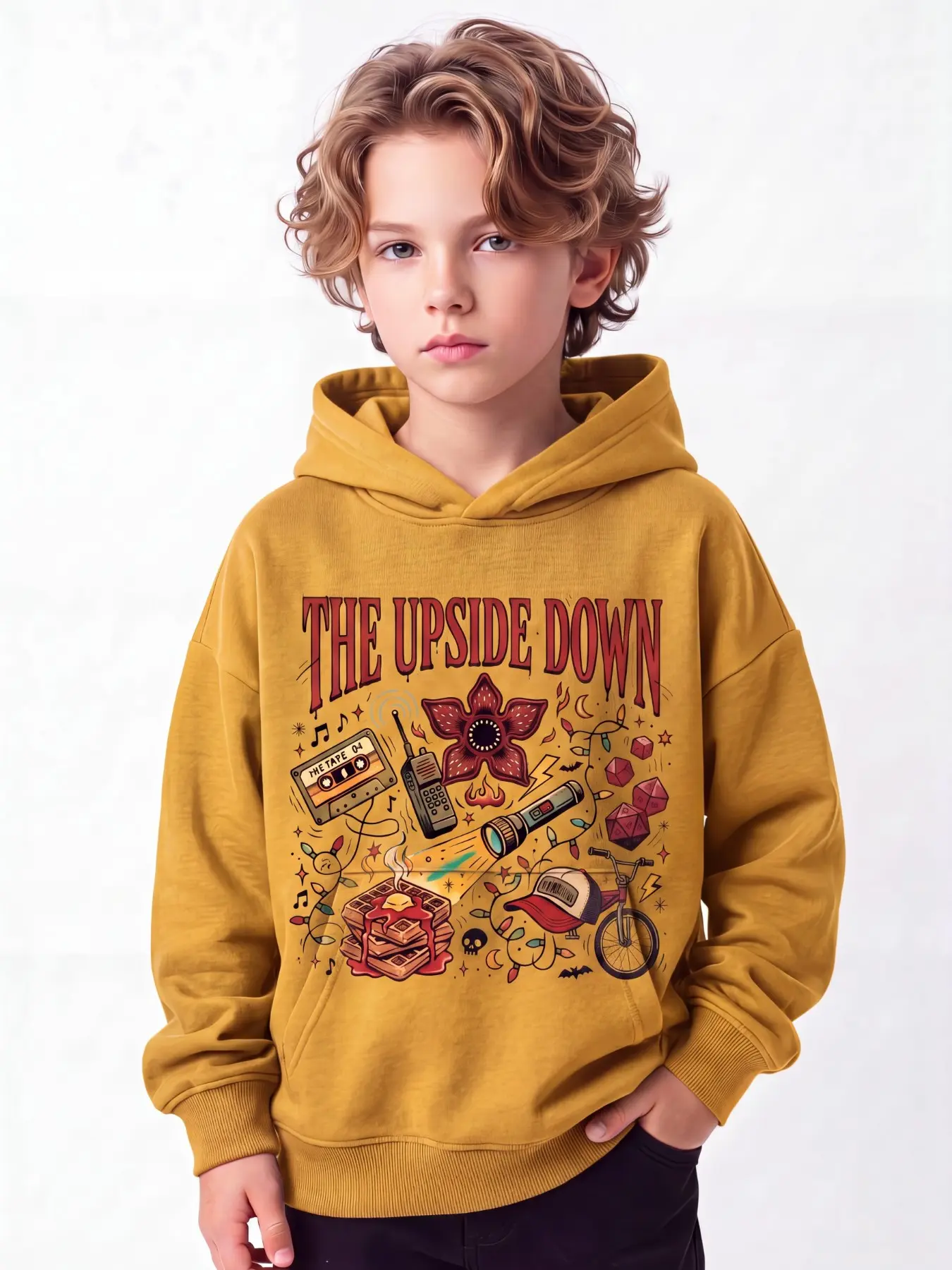Genuine Licensed Stranger Things Kids Oversized Hoodie Double Sided Printed, Front The Upside Down Classic Show Element Collage, Back Rock Style Demogorgon Graphic Sweatshirt, Warm Soft Casual Hooded Top for Boys & Girls 1 to 14 Years Old, Multiple Colors