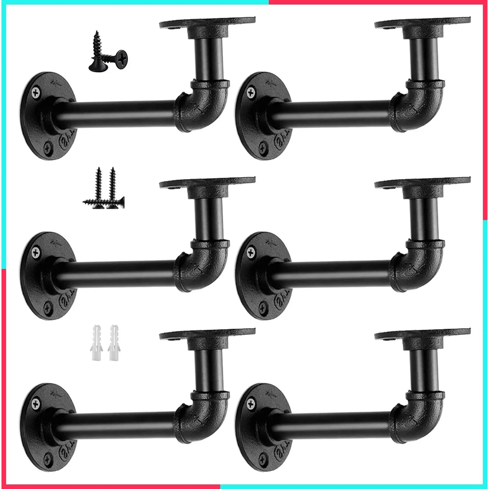 Industrial Pipe Shelf Brackets, Iron L Pipe Floating Shelves, Heavy Duty Metal Shelving Brackets for 8 10 12 14 Inch Boards, 6 Pack Black
