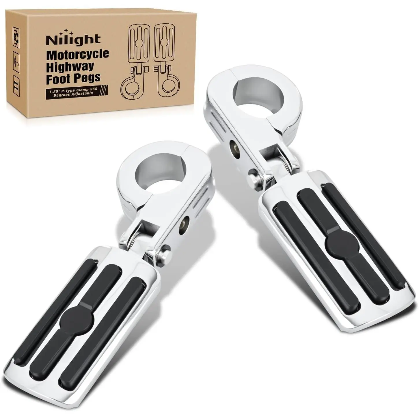 Nilight 1-1/4 Inch Motorcycle Highway Pegs Adjustable 360° Angled Foot Pegs P-Clamp Universal For 1.25 Inch Engine Guard Crash Bars FootPegs Fits for Harley Davidson Touring Road King Street Glide Sportster