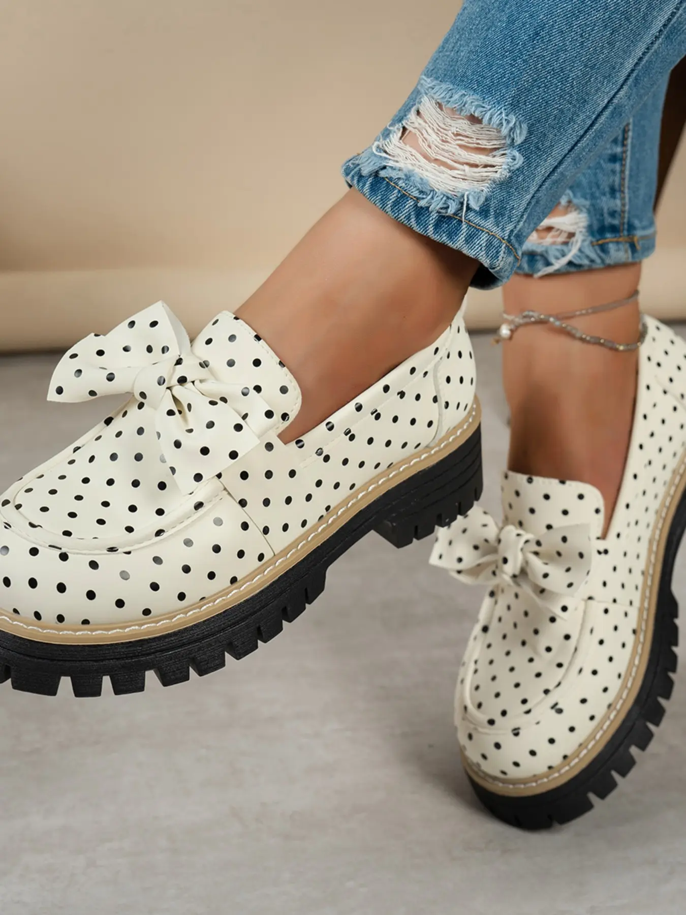 Women's Fashion Loafers, Classic Polka Dot Pattern, Comfortable Lightweight Rubber Sole, Versatile for All Seasons, Casual Style