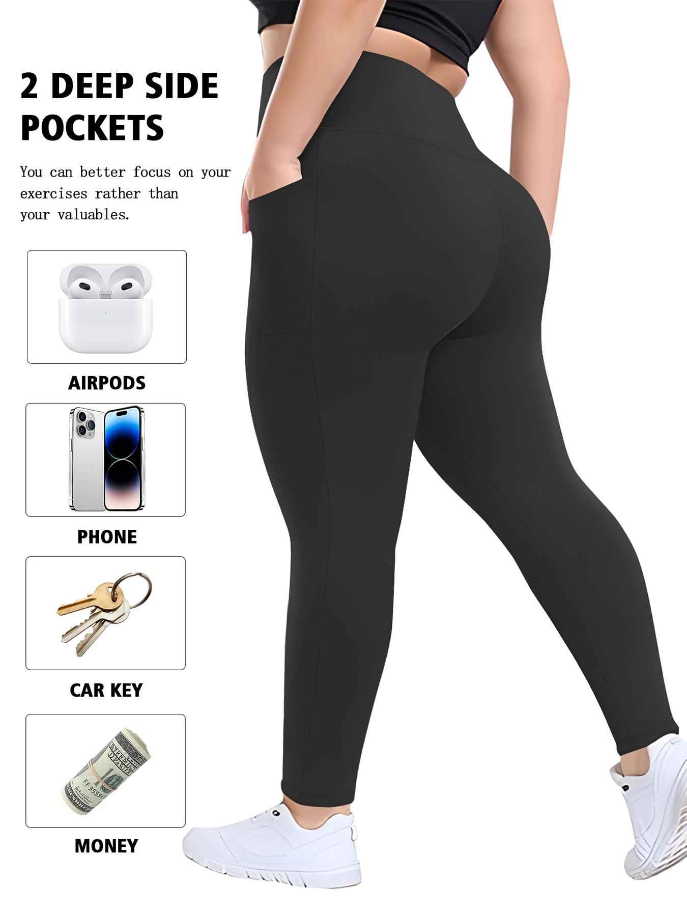 Plus Size Solid High Waist Pocket Leggings, Casual Comfy High Stretch Skin-friendly Skinny Pants for Women, Women's Bottoms for All Seasons