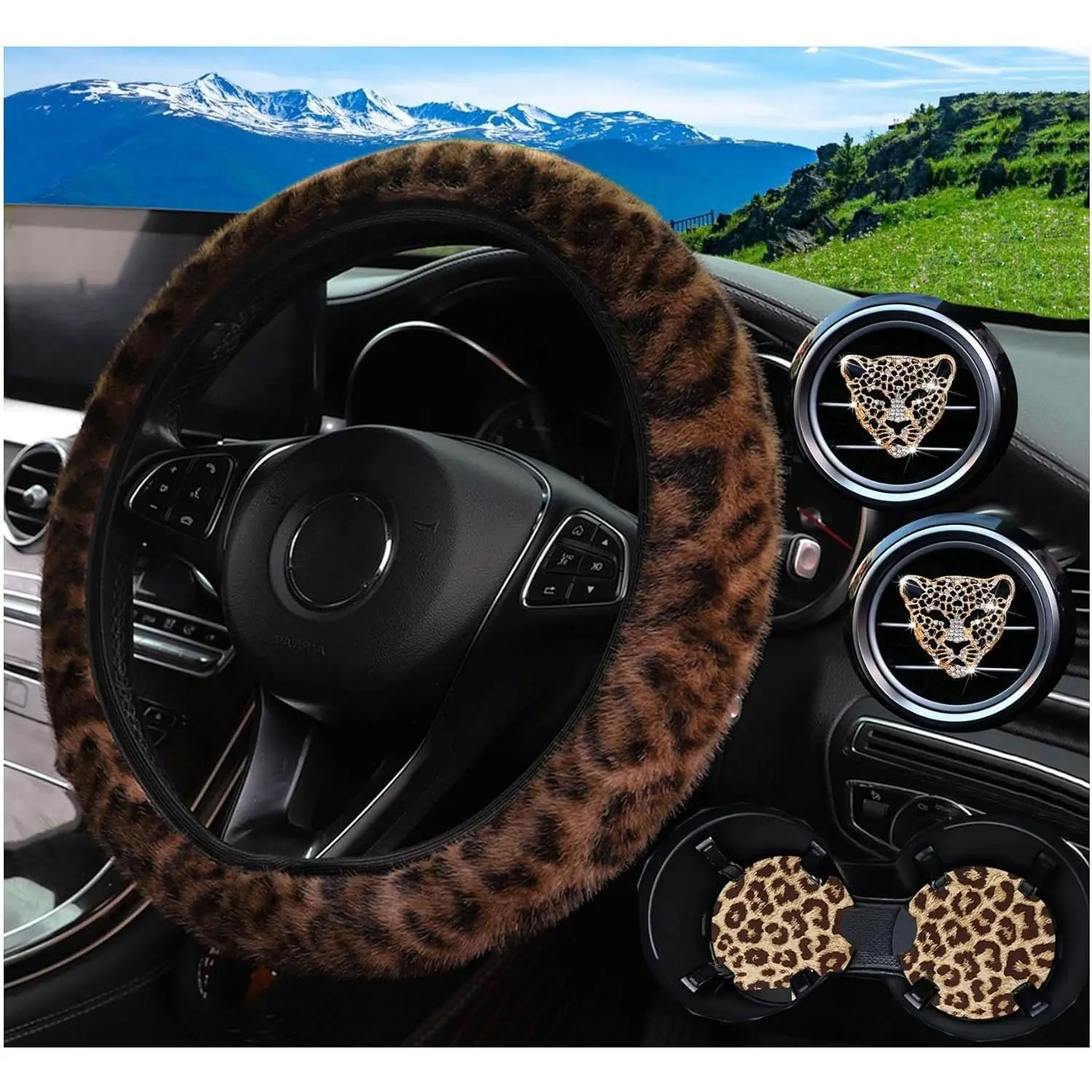 Pinbola 5-Piece Warm Fluffy Cheetah Print Faux Fur Steering Wheel Cover Set, Universal 14.5-15 in Car Interior Accessories for Men (Brown), Warmth