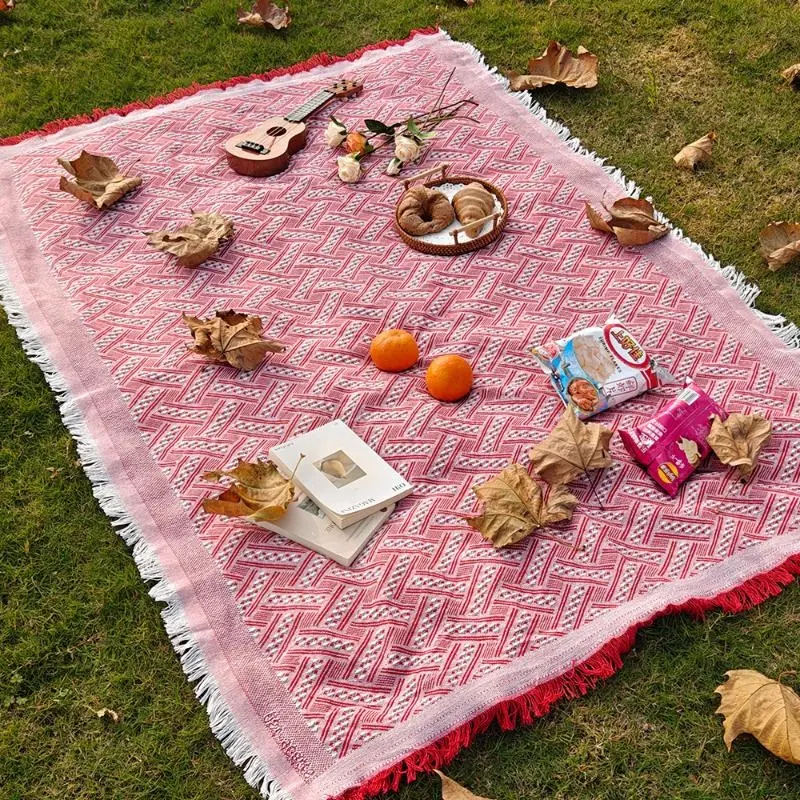 Boho Cotton Picnic Blanket - Outdoor Blankets Woven Outdoor Camping Mat & Beach Throw, Waterproof Sandproof Ground Cover for Tent, RV Travel, Backyard & Festival Seating